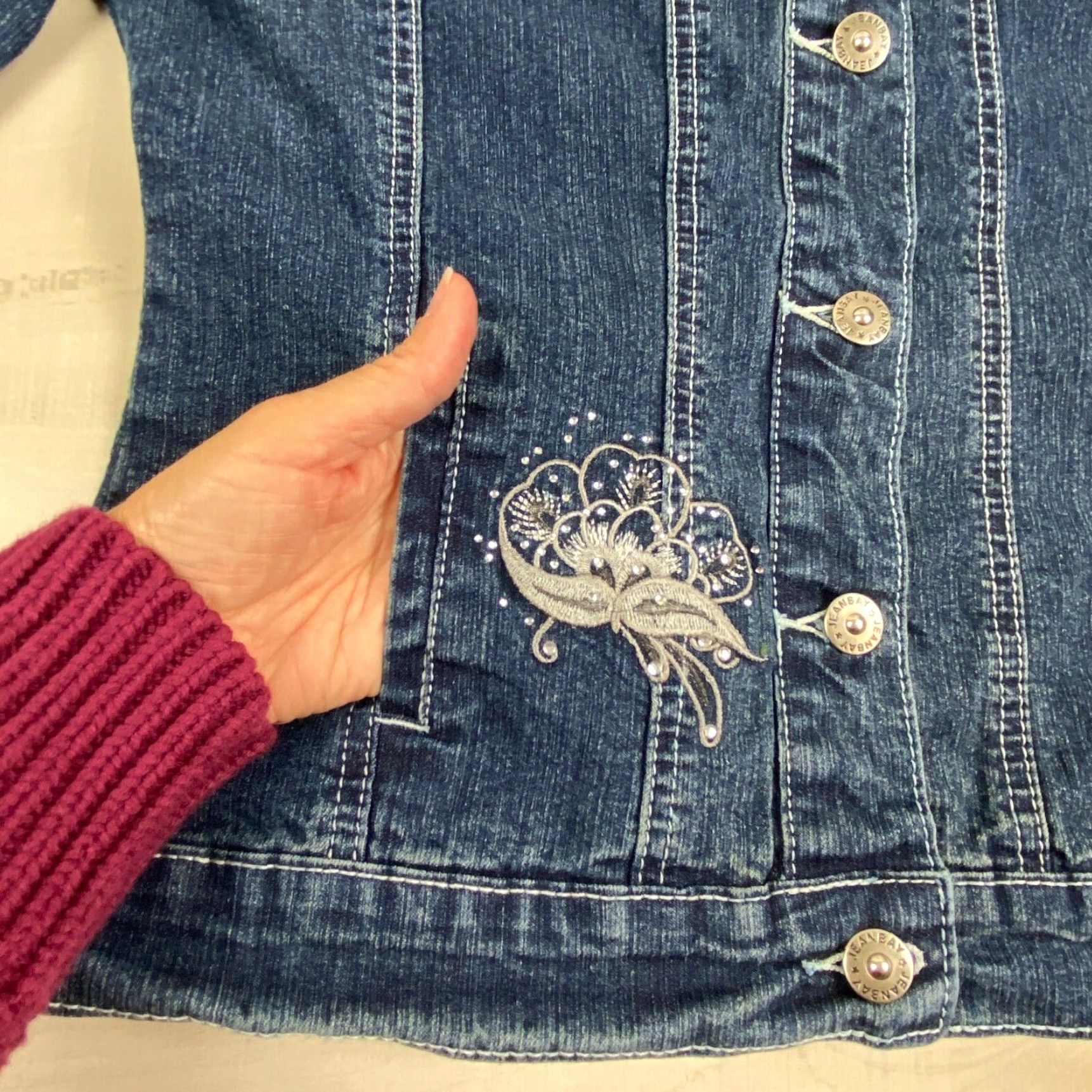 Vintage Jeanbay Womens Denim Jacket Medium Blue Petite Embellished Jean Medium Size M / US 6-8 / IT 42-44 - 5 Thumbnail