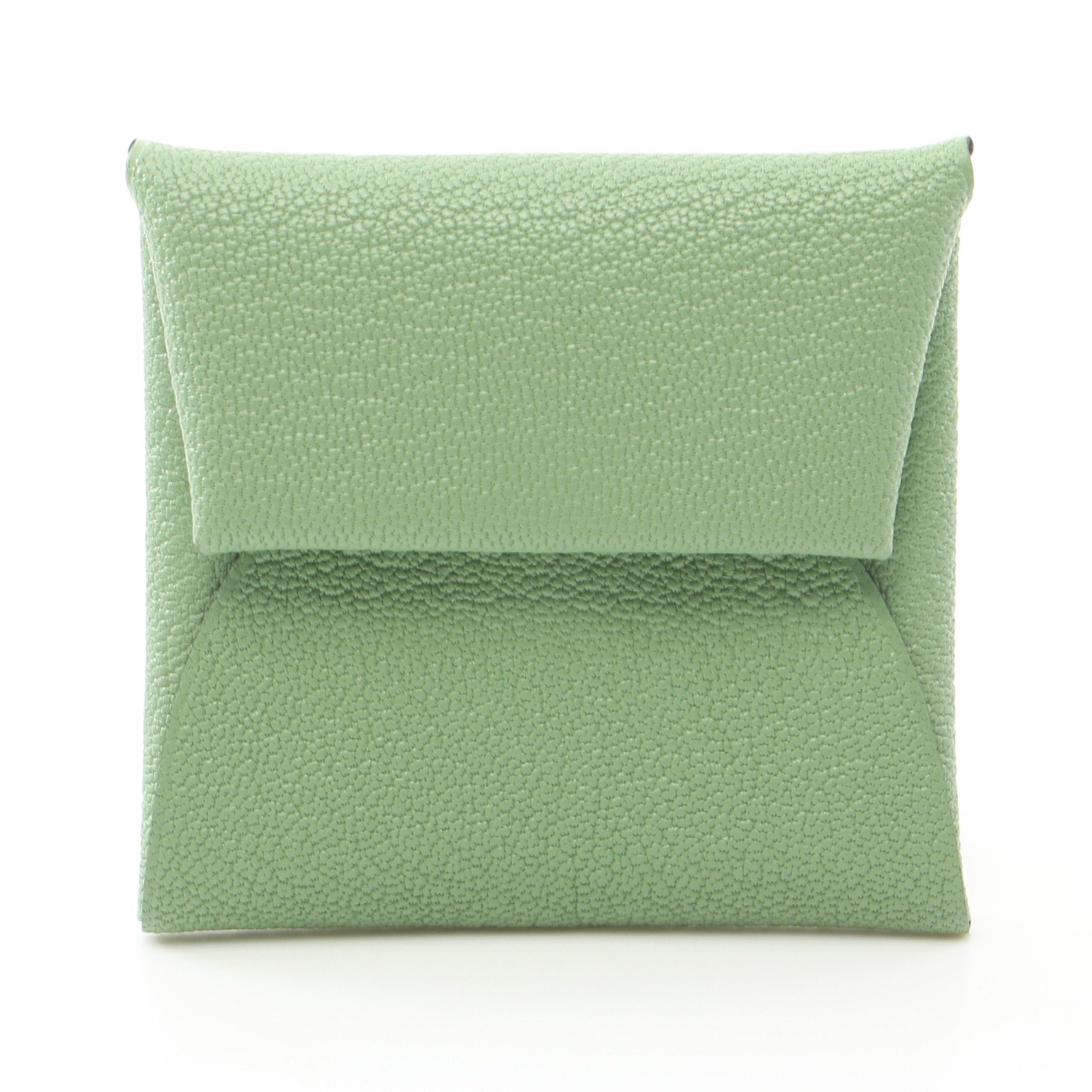 Hermes Bastia Verso Cricket Caramel Coin Purse Chevre Light Green Silver Hardware Double Engraved, Women's