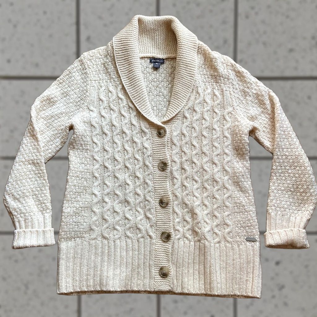 Eddie Bauer Eddie Bauer Cardigan Sweater Womens Large Beige Wool Cable-Knit Shawl Lambswool L Size L / US 10 / IT 46 - 1 Thumbnail