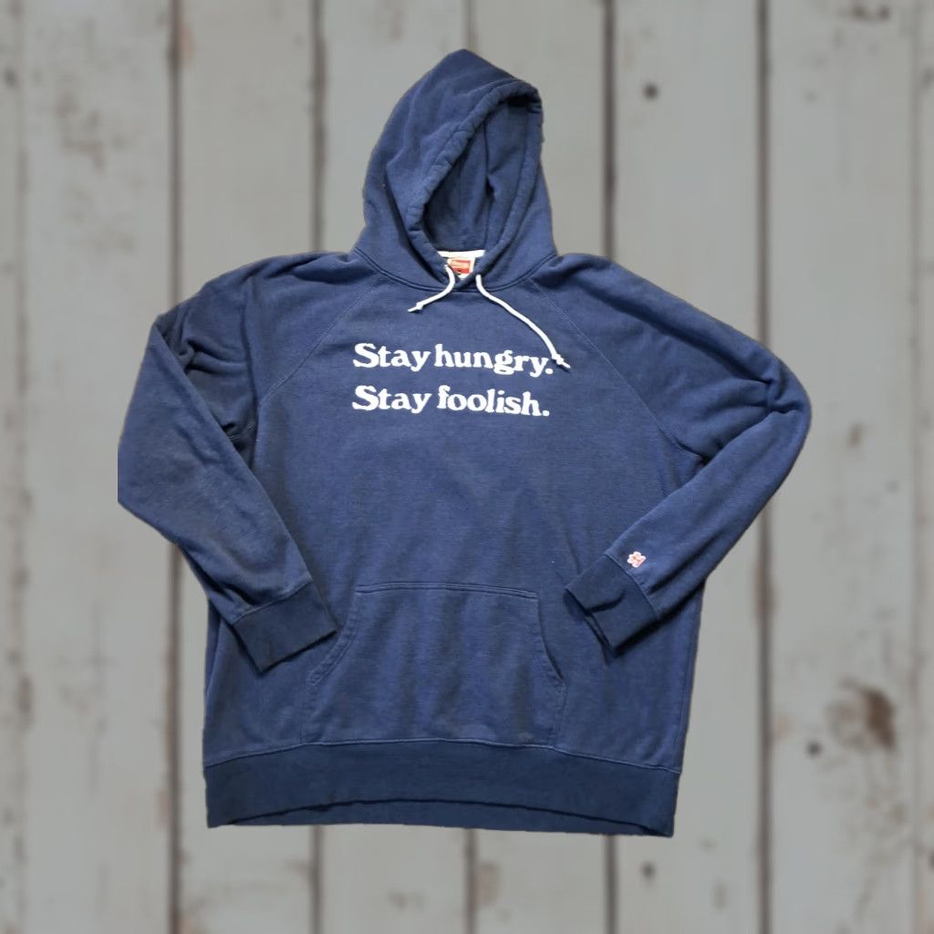 Vintage Homage Hoodie Sweatshirt Mens 3XL Blue Stay Hungry Stay Foolish Pullover Raglan Hooded Pockets Graphic Print Fleece Size US XXL / EU 58 / 5 - 1 Thumbnail