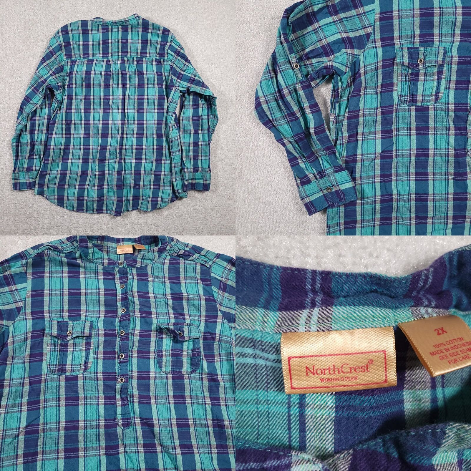 Vintage Northcrest Shirt Women's 2X Plus Blue Plaid Roll Tab Sleeve Henley Pockets Shirt Size XXL / US 16-18 / IT 52-54 - 8 Thumbnail