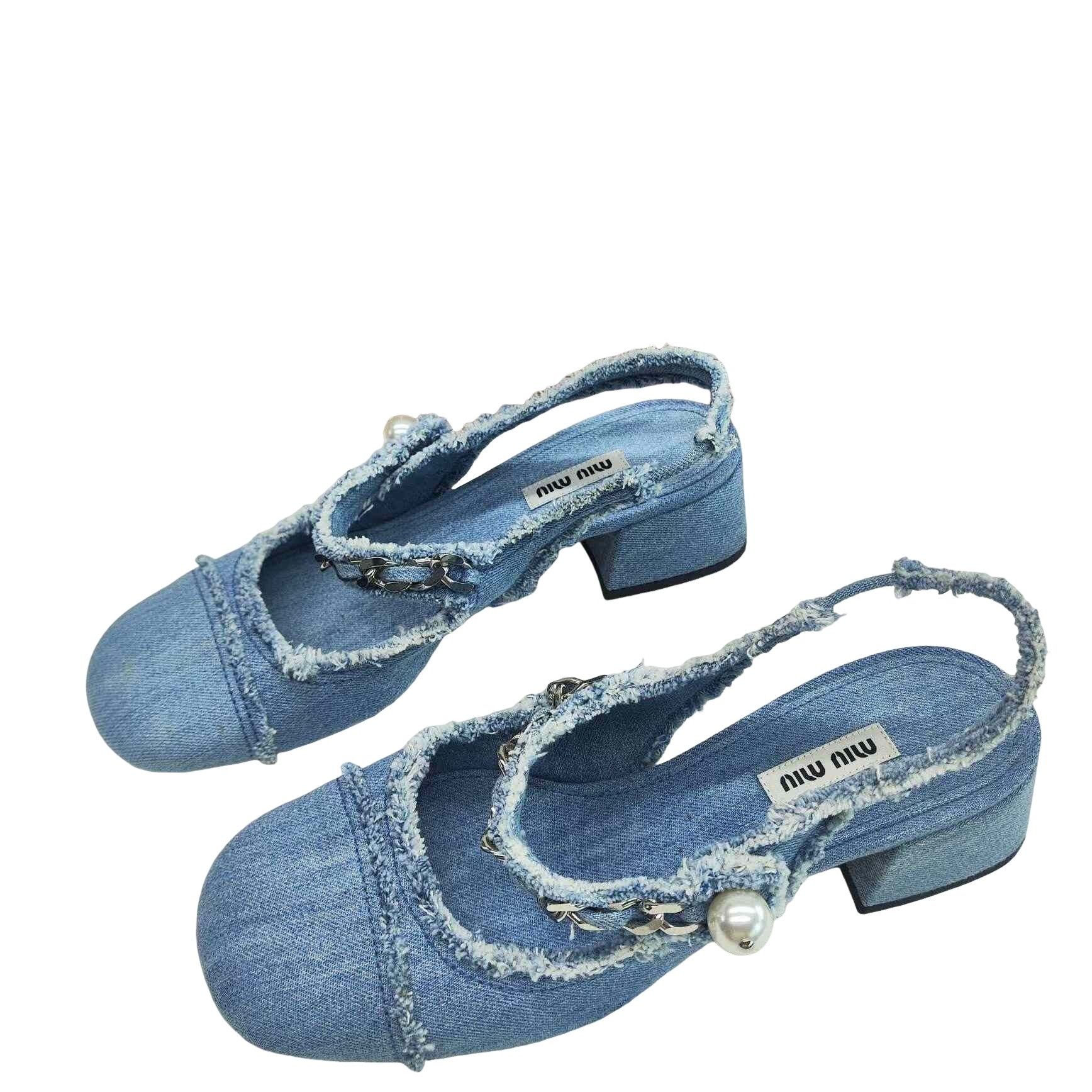 Miu Miu Miu Miu Denim Pearl Chain Slingback Heels Size 37.5 Size US 7.5 / IT 37.5 - 1 Thumbnail