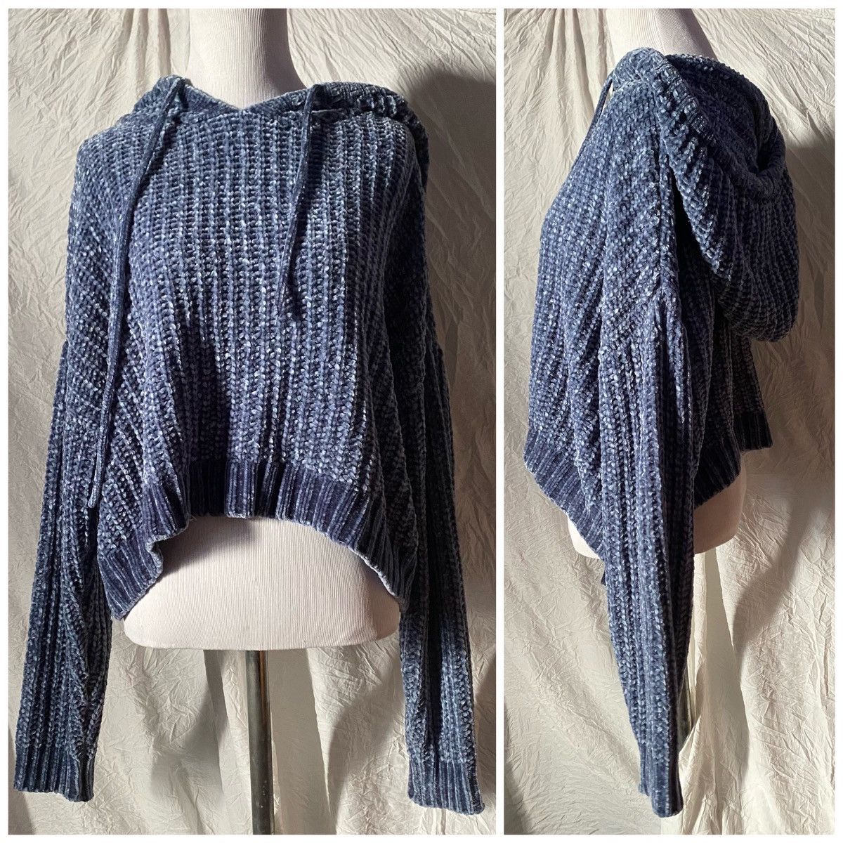 Forever 21 F21, Muted Blue, Chenille, Cropped, Oversized Hooded Sweater Size S / US 4 / IT 40 - 3 Thumbnail