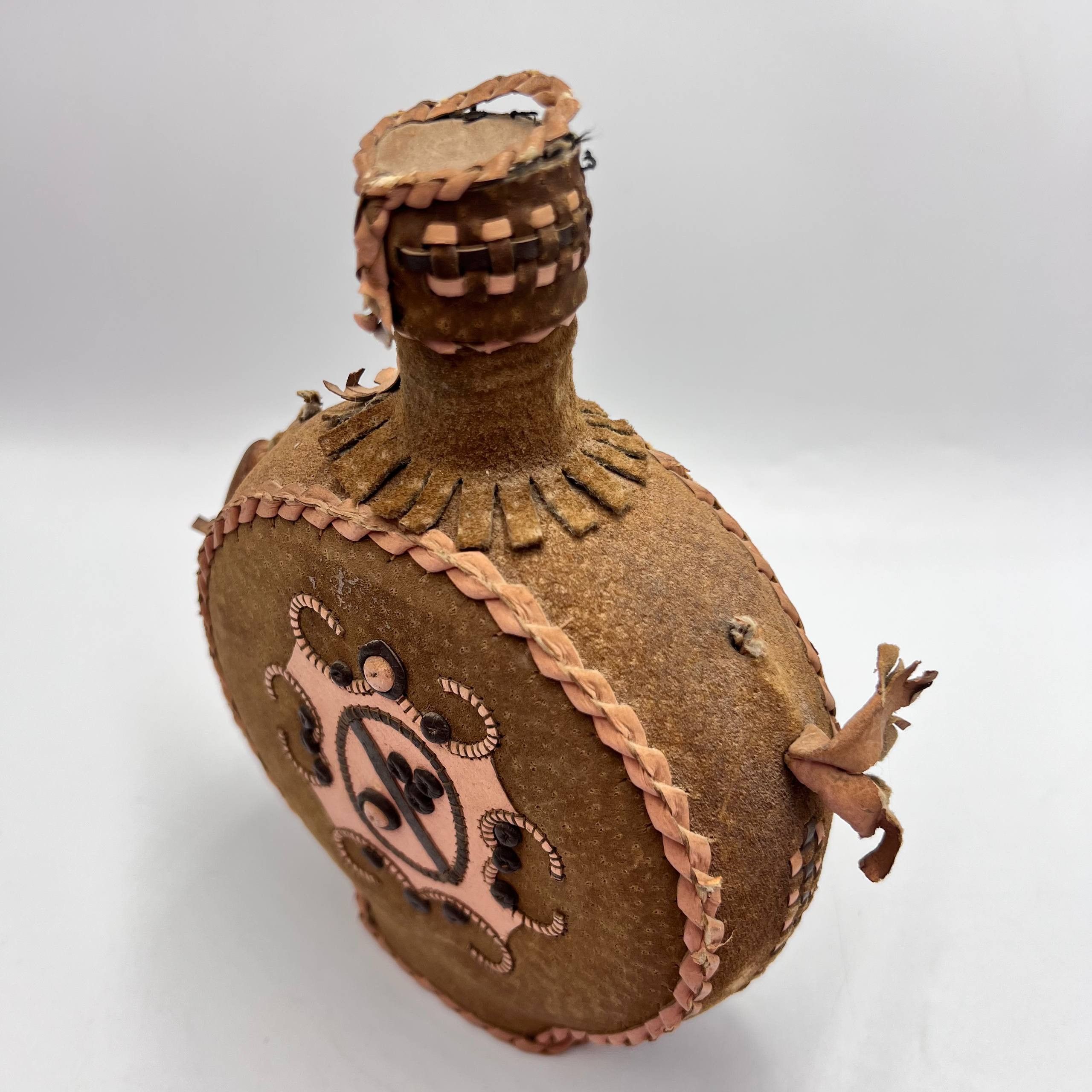 Vintage Handmade Leather Wrapped Glass Bottle 43 cm Vintage Folk Art Size ONE SIZE - 7 Thumbnail