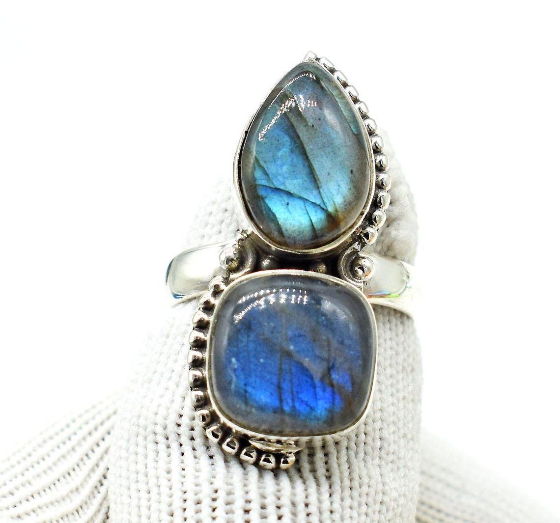 Handmade Blue Fire Labradorite Ring: 925K Silver Boho Bridal Jewelry Size ONE SIZE - 2 Thumbnail