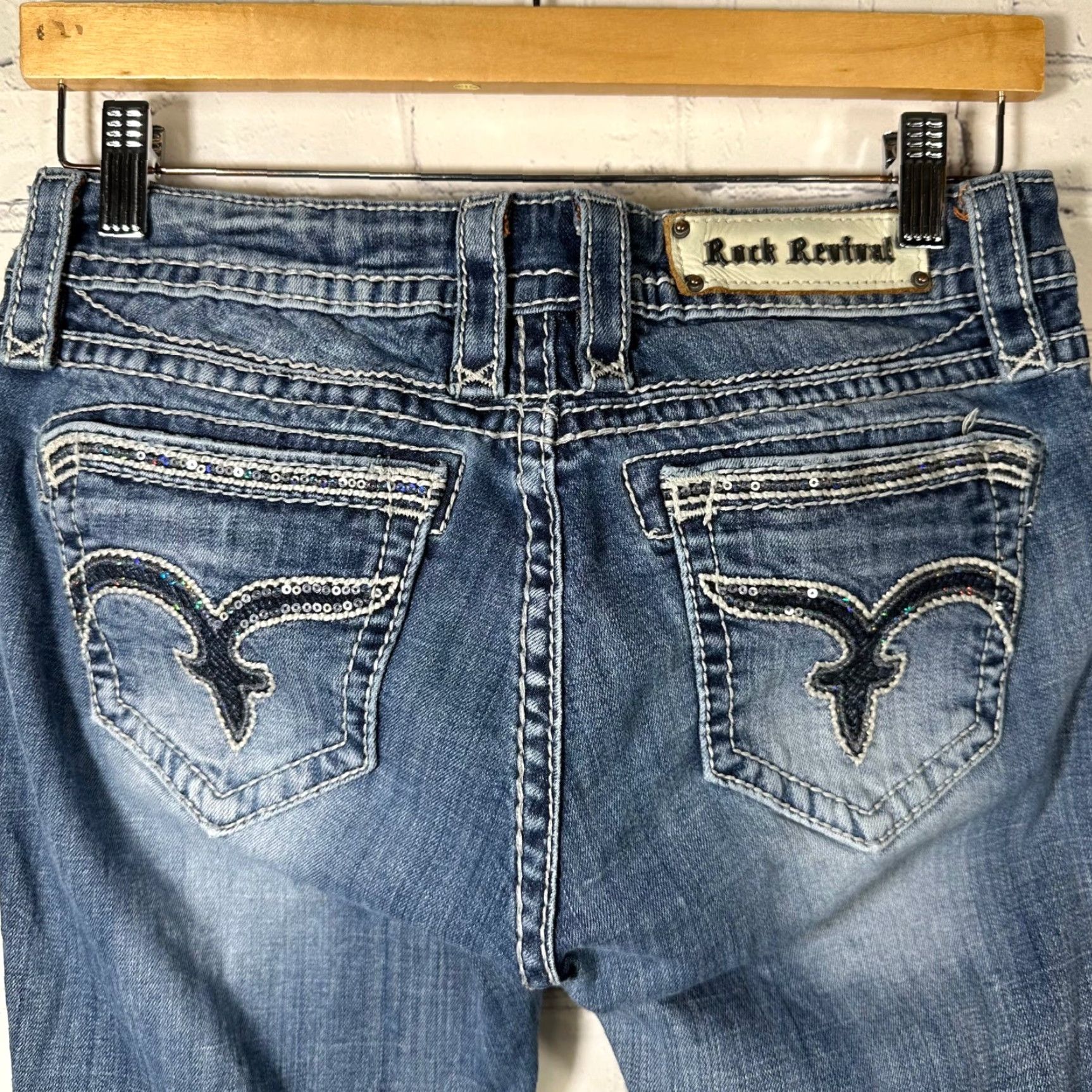 Vintage Rock Revival Jeans 29 Gina Straight Medium Wash Sequin Embroidered Logo Pockets Y2K Western Womens Jeans Size 29" - 7 Thumbnail