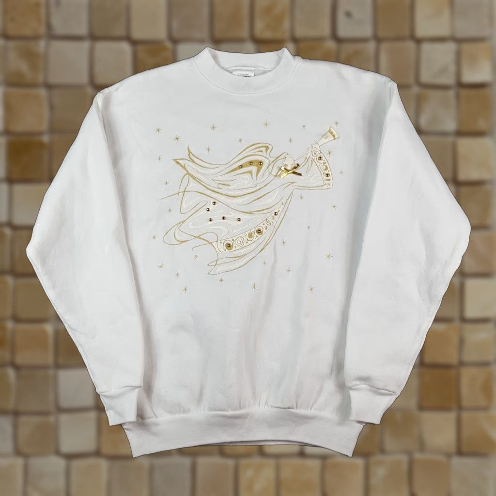 Tultex Vintage 90s Christmas Angel Tultex Sweatshirt Women M Crewneck Pullover White Size M / US 6-8 / IT 42-44 - 1 Thumbnail