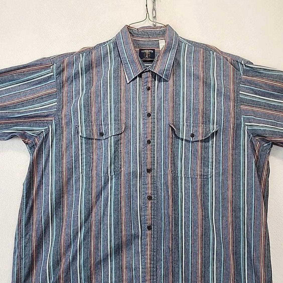 Vintage VINTAGE Salmon River Traders Men Blue Striped Western Dress Shirt 2XL Button-Up Long Sleeve Size 48R - 2 Thumbnail