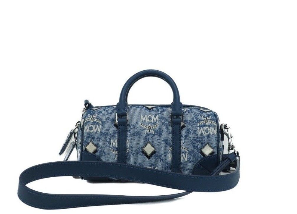 MCM Boston Mini Blue Vintage Jacquard Logo Fabric Satchel Size ONE SIZE - 1 Thumbnail