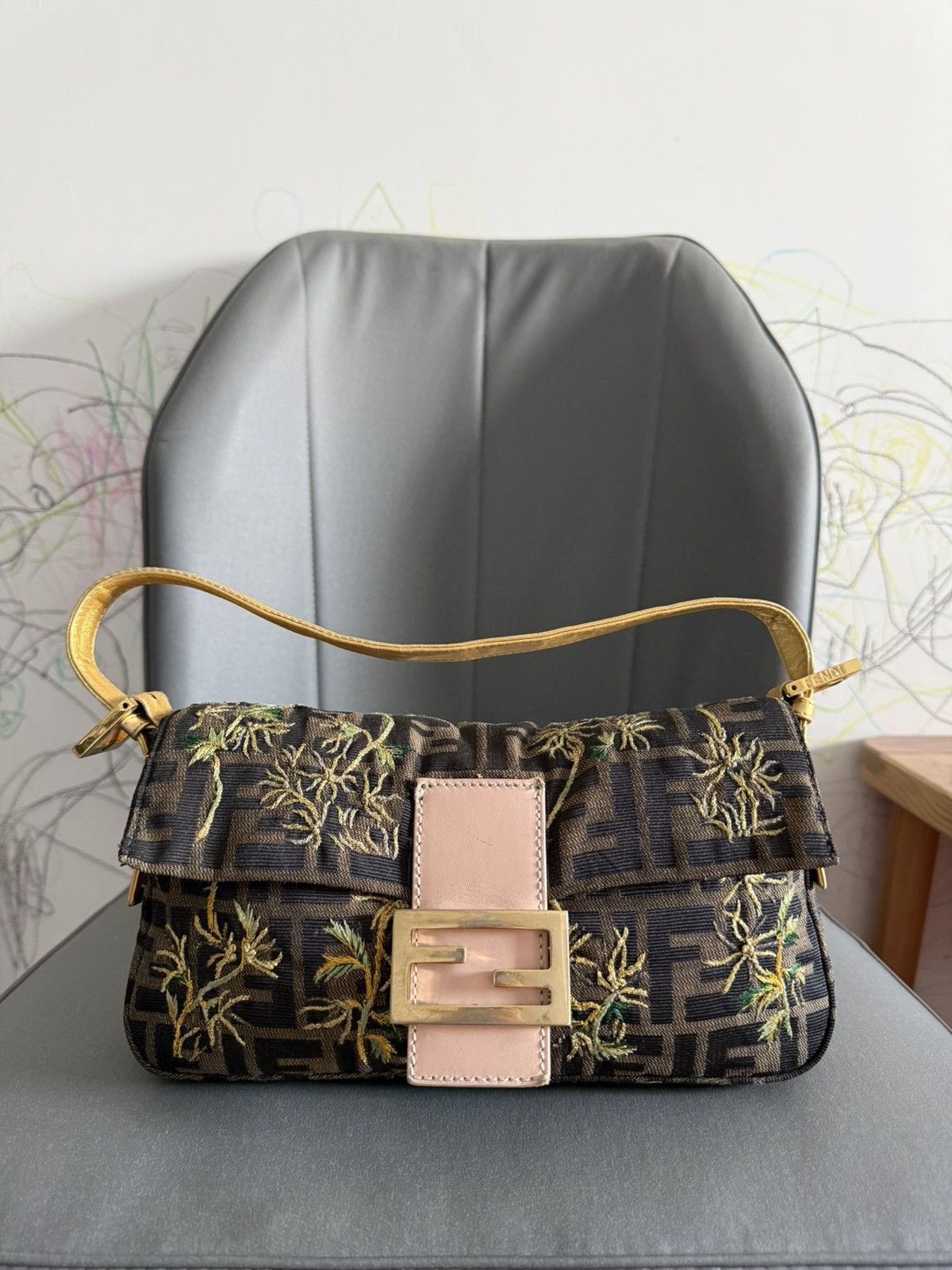 Vintage Fendi Brown Gold Embroidery Shoulder Baguette Bag
