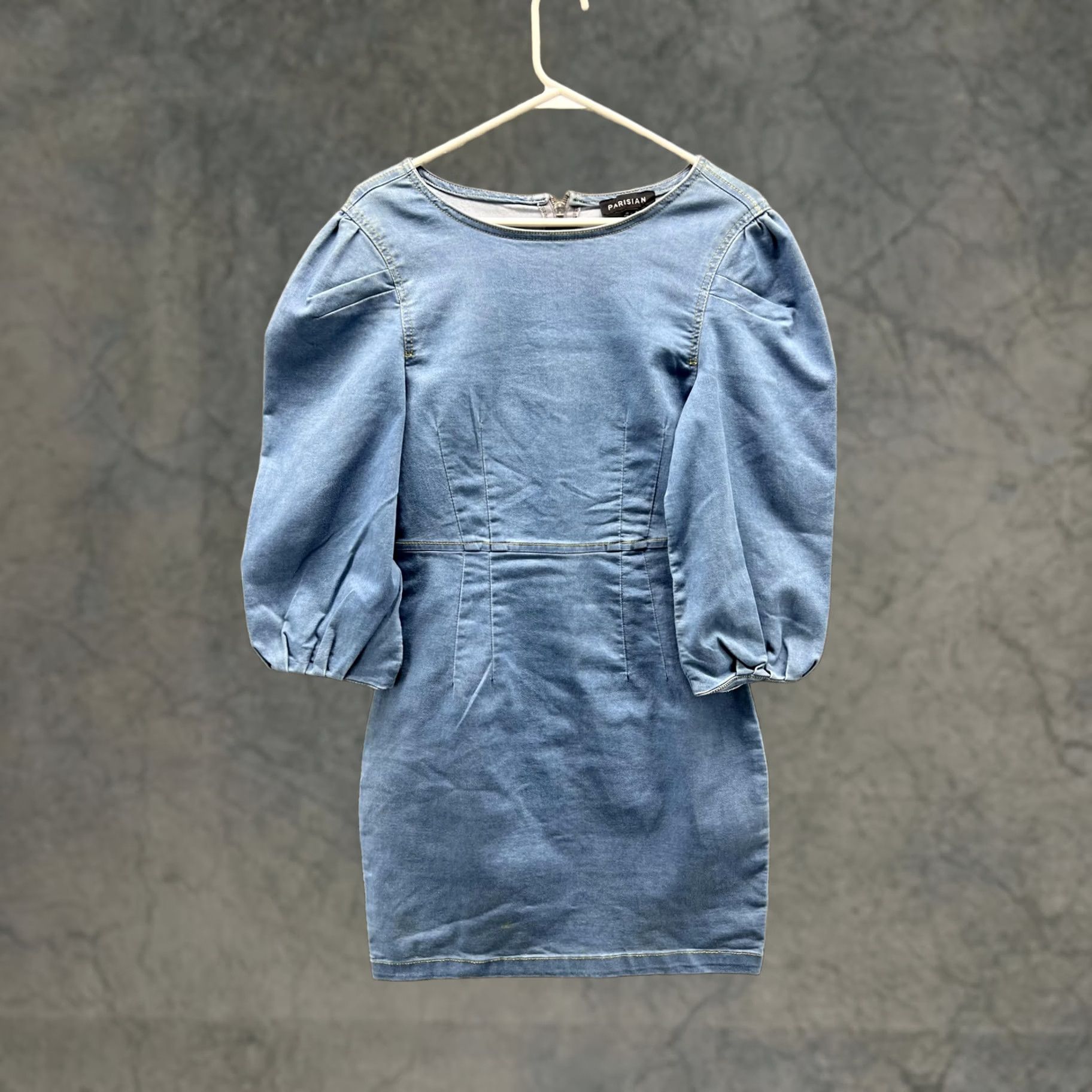 Vintage Parisian Dress Womens 12 Blue Denim Puff Sleeve Bodycon Mini Short Stretch Dress Size 34" / US 12 / IT 48 - 1 Thumbnail