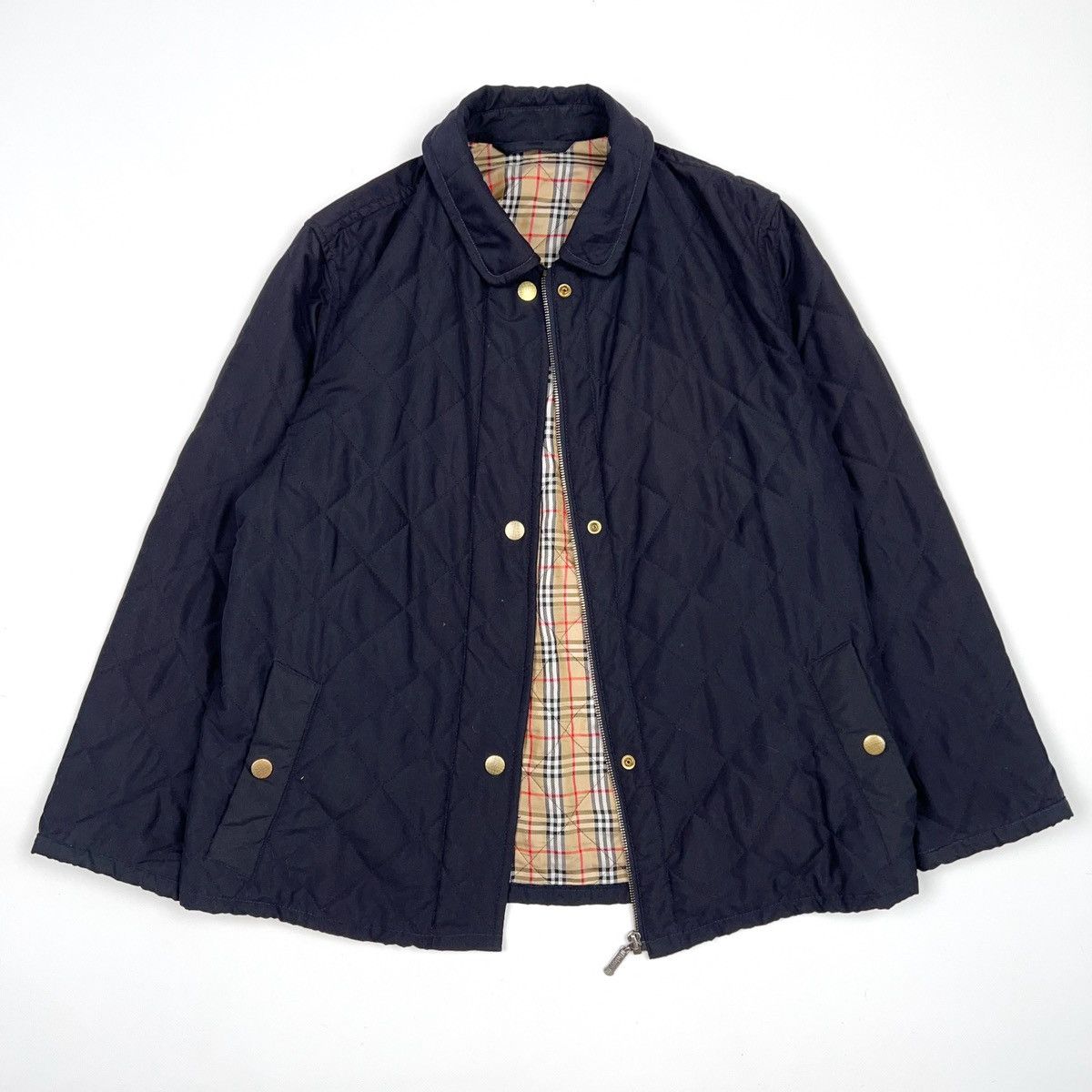 image of Burberry London Vintage Navy Nova Check Plaid Quilted Jacket, Women's (Size Small)