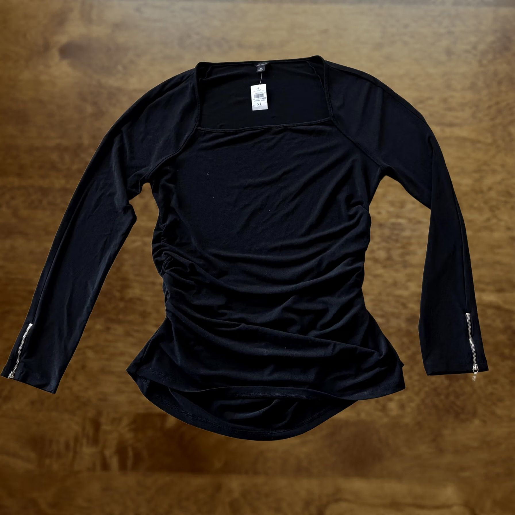 Ann Taylor Ann Taylor Blouse Womens XL Black Square Neck Ruched Long Sleeve Zipper Top Size XL / US 12-14 / IT 48-50 - 1 Thumbnail