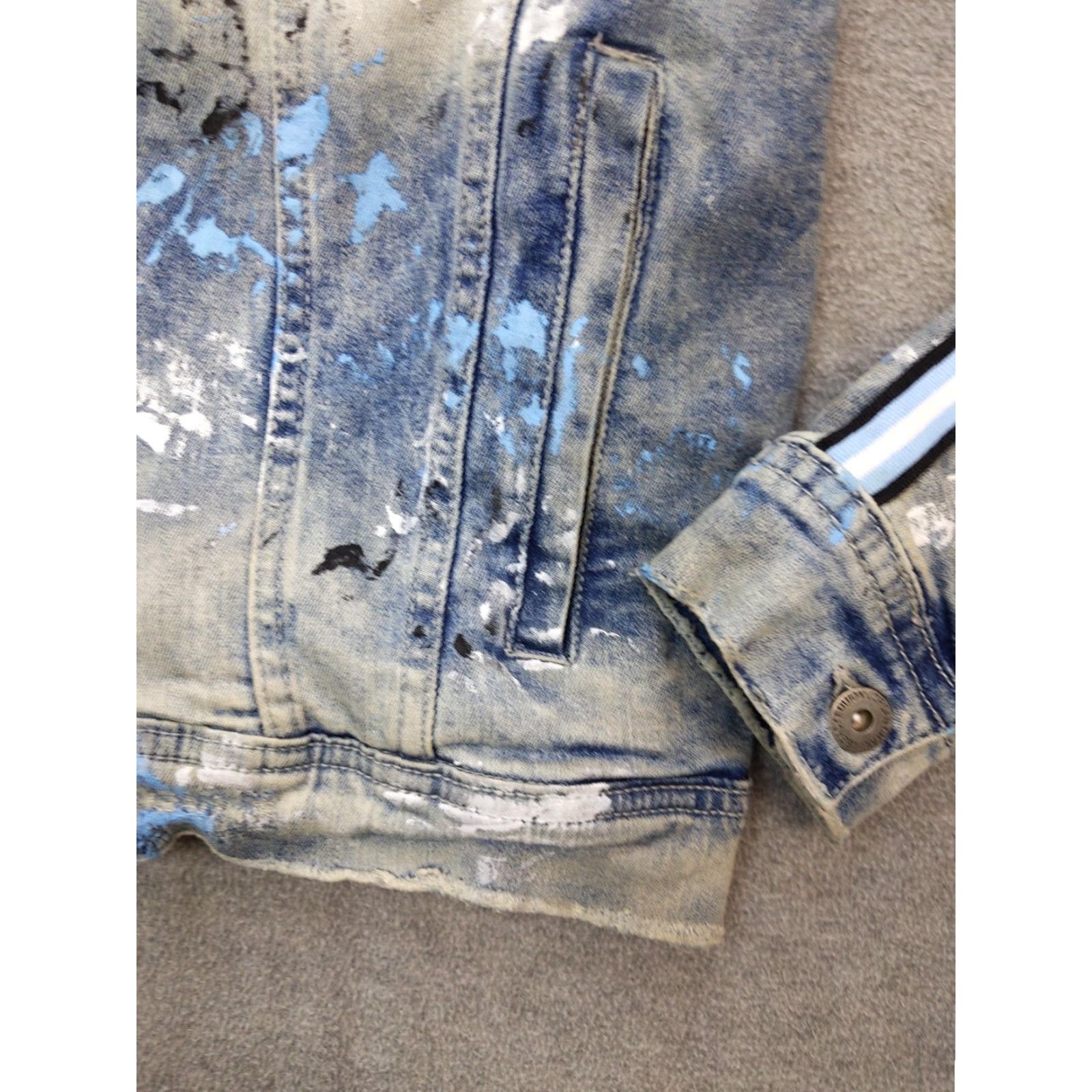 Jordan Craig Jordan Craig Jacket Mens XL Blue Denim Varsity Paint Splatter Striped Sleeves Size US XL / EU 56 / 4 - 2 Thumbnail