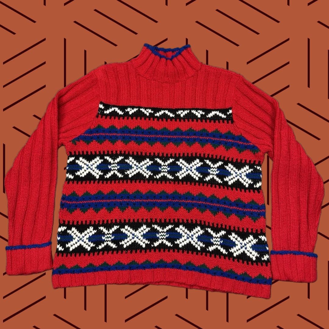 Liz Claiborne VINTAGE Liz Claiborne Chunky Knit Turtleneck Sweater Fair Isle Red Black White XL 90s Christmas Men/Women? Wait Size XL / US 12-14 / IT 48-50 - 1 Thumbnail