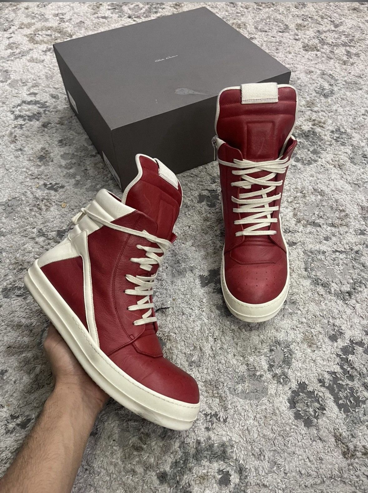 Rick Owens Rare SS21 Red and Milk Geobasket Sneakers | Grailed