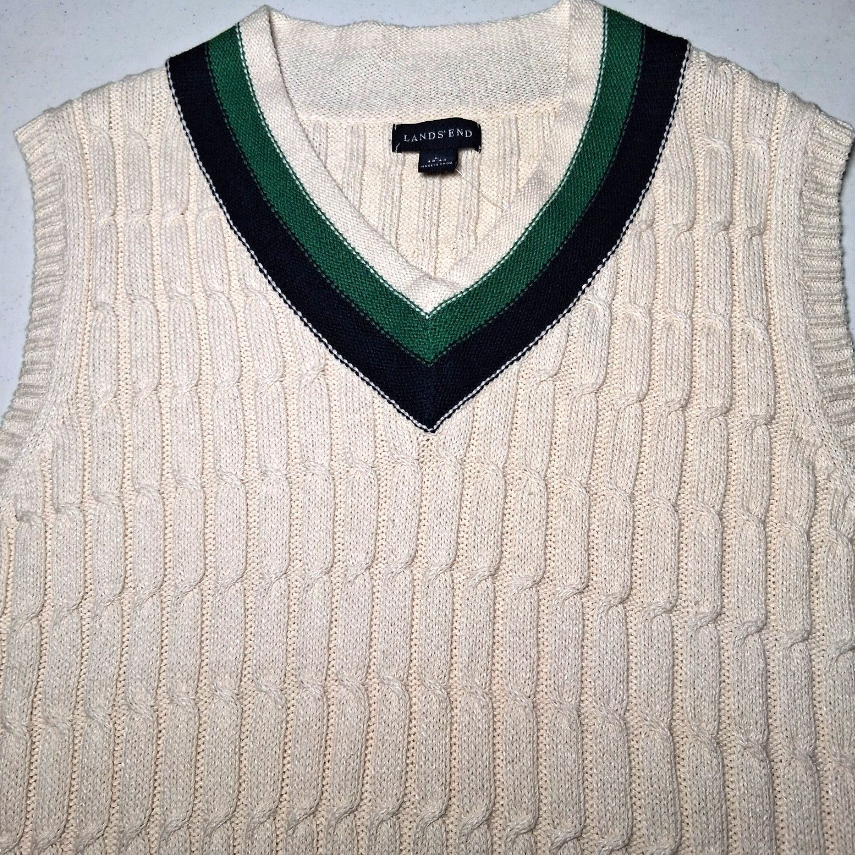 Lands' End Lands' End Sweater Vest Men L V-Neck Cable Knit Ivory Academia Preppy Linen Blend Vest Size US L / EU 52-54 / 3 - 2 Thumbnail