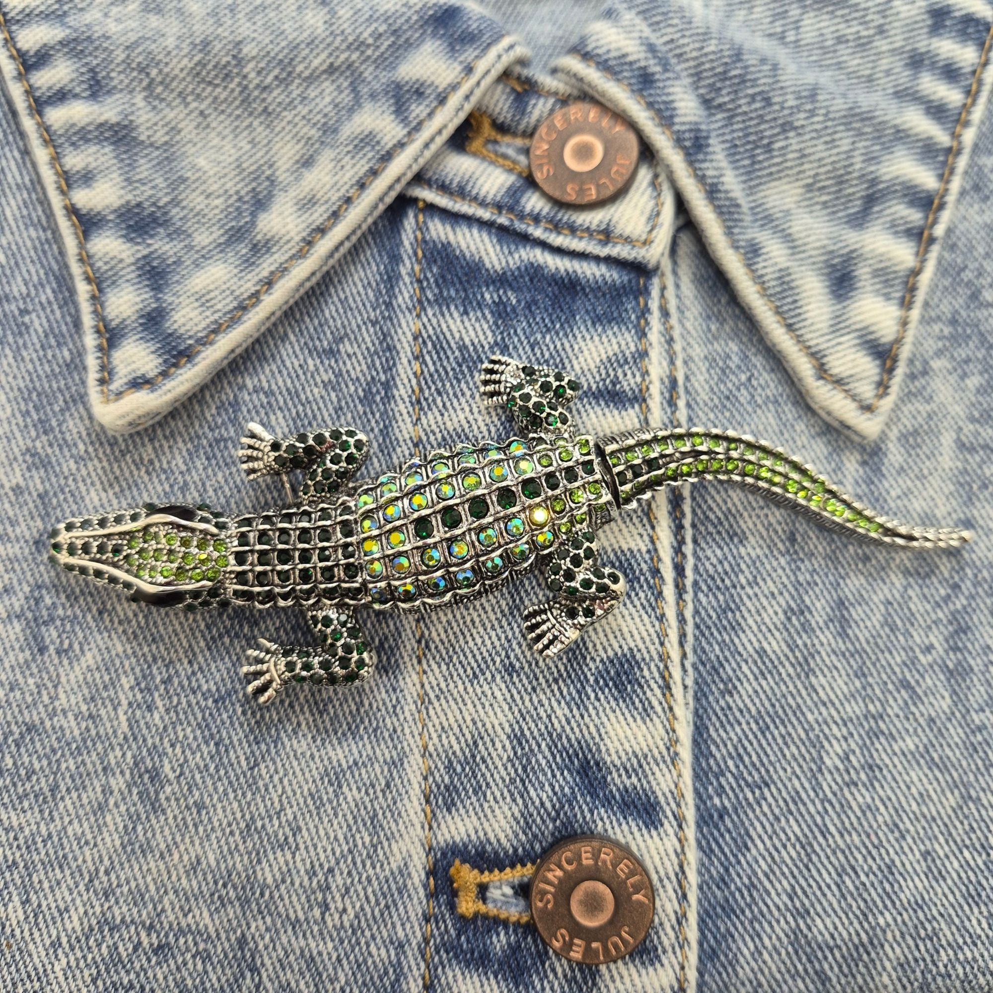 Other Rhinestone Alligator Brooch Pin Green Silver 5.7 Inches Fash Size ONE SIZE - 1 Thumbnail