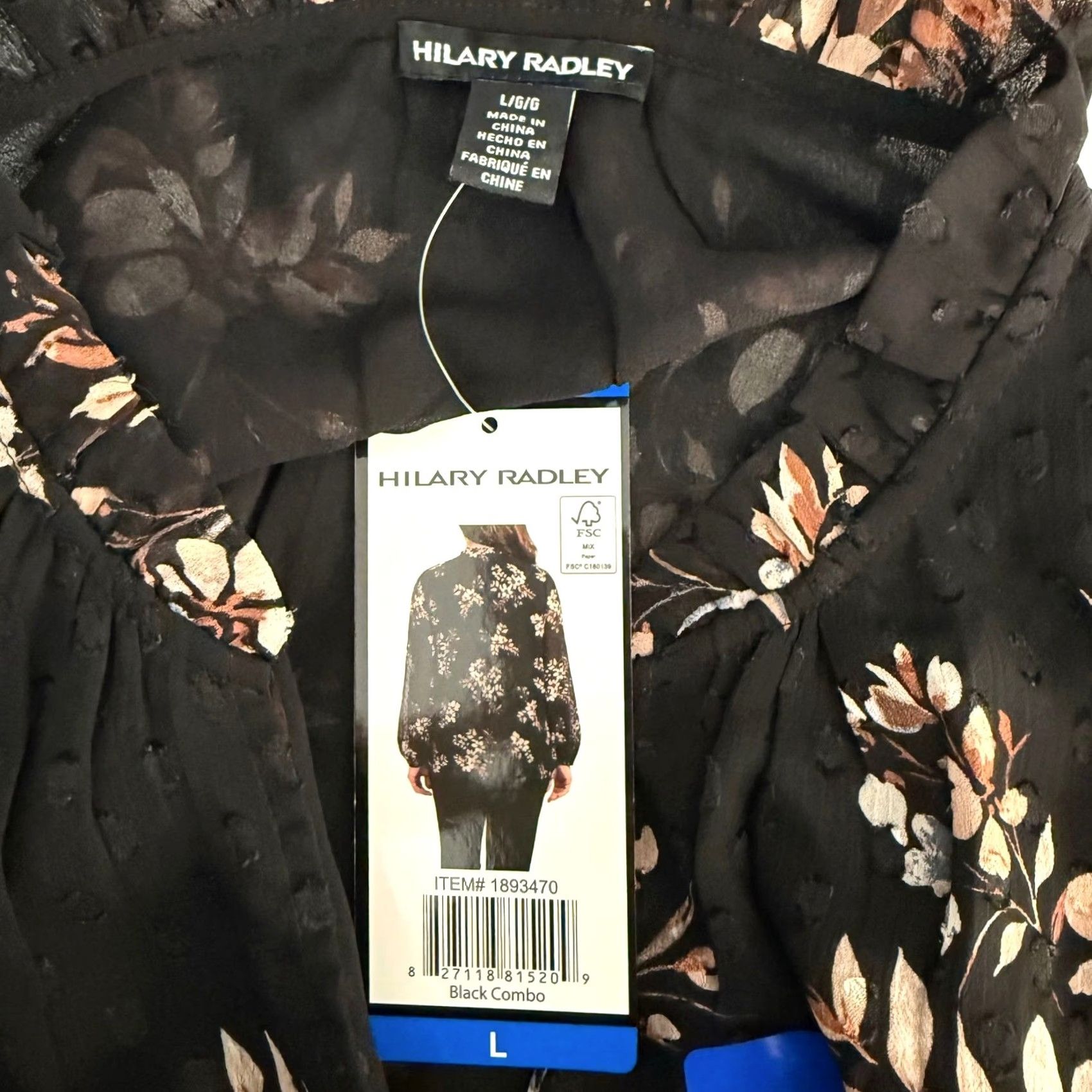 Vintage Hilary Radley L Blouse Black Floral Clip Dot Ruffle V-Neck Long Sleeve Sheer NWT Bohemian Fall/Sping Tunic Women Size L / US 10 / IT 46 - 5 Thumbnail