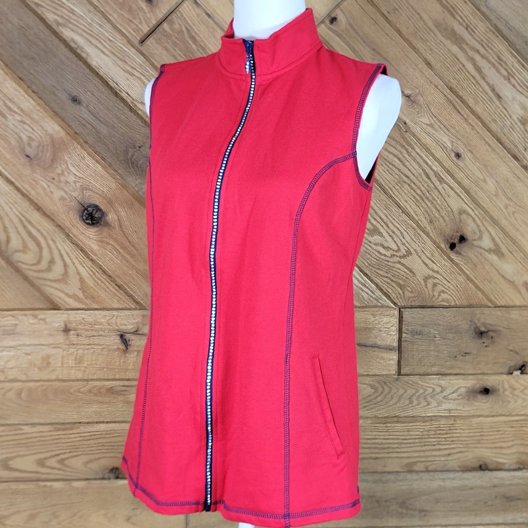 Quacker Factory Quacker Factory Womens Vest XS Red Full Zip Rhinestone Embellished Knit Cotton Solid Shirt/Top (9) Size XS / US 0-2 / IT 36-38 - 5 Thumbnail