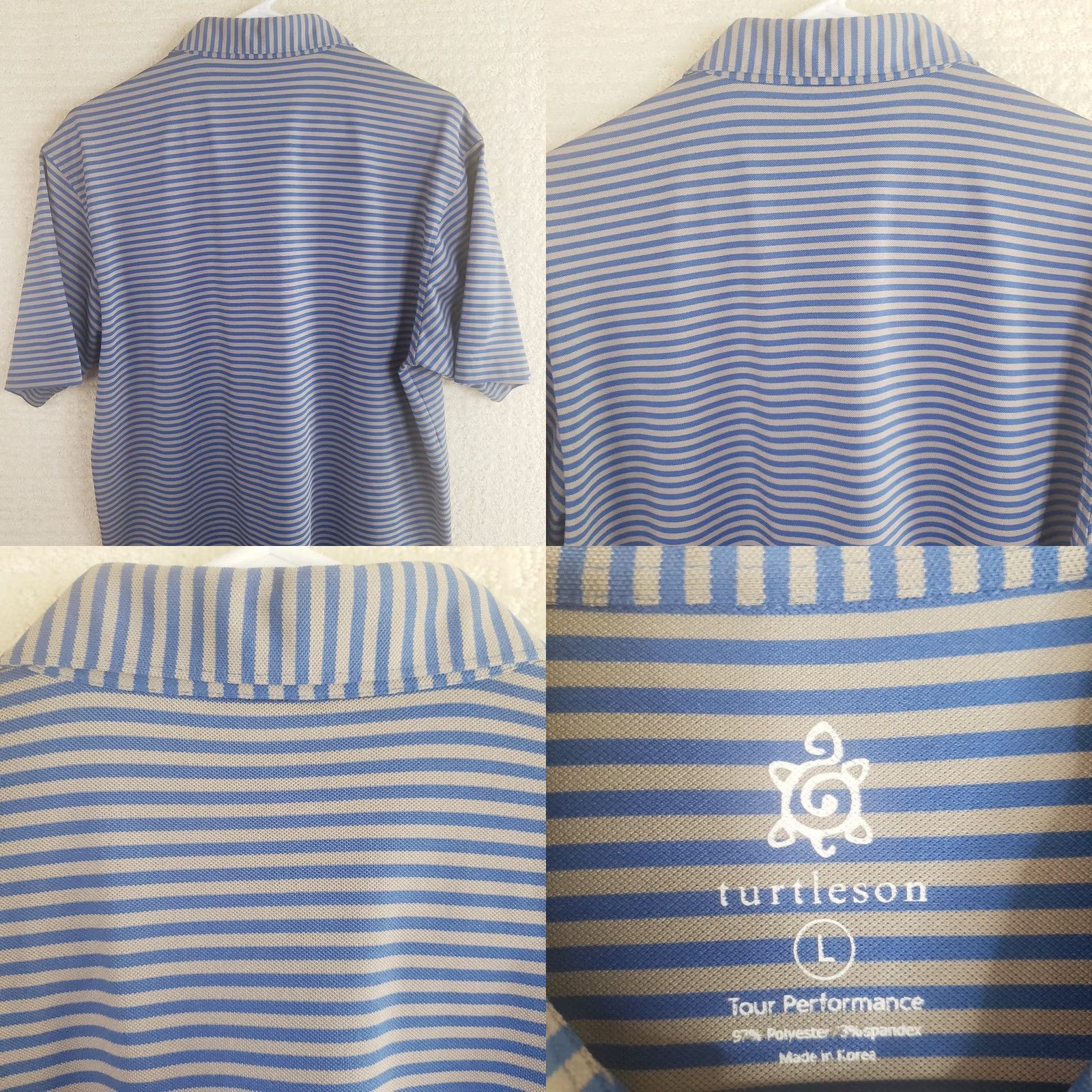 Vintage Turtleson Golf Polo Men’s L Blue Gray Striped Short Sleeve Stretch Pique Fabric Polo Shirt Size US L / EU 52-54 / 3 - 8 Thumbnail