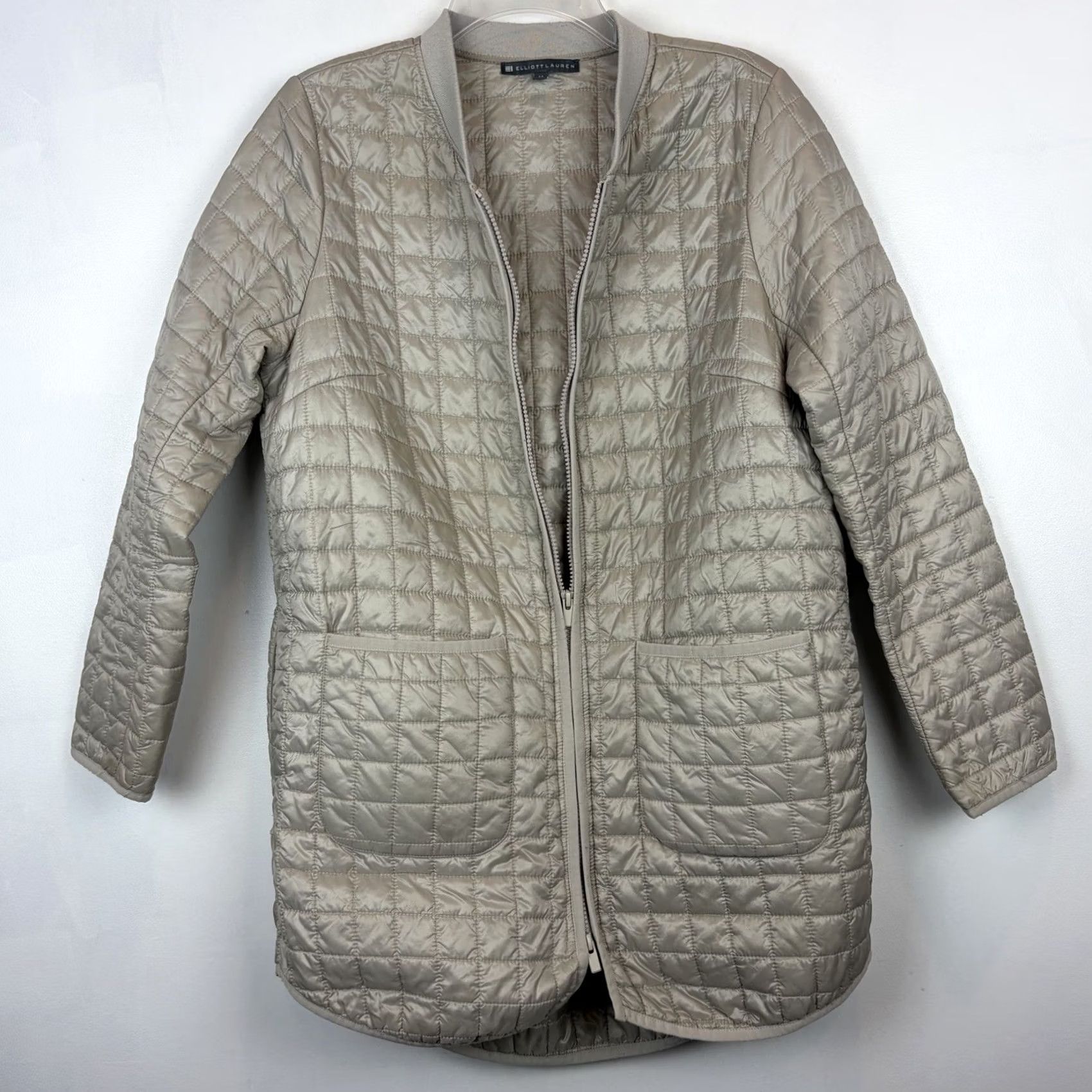 Vintage Elliot Lauren Quilted Coat Womens L Jacket Beige Medium-Length Zip Long Sleeve Pocket Collared Size L / US 10 / IT 46 - 2 Thumbnail