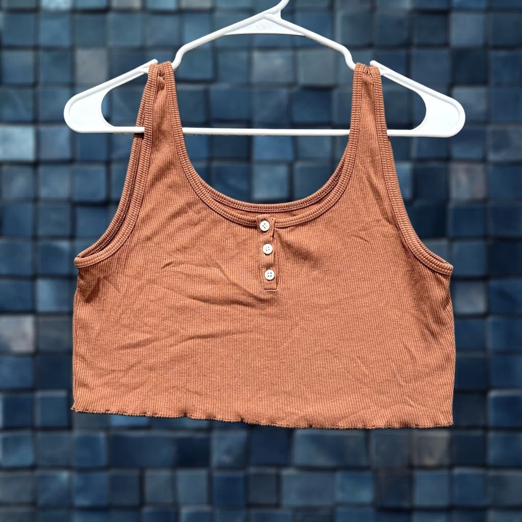 American Eagle Outfitters American Eagle Tank Top Womens M Orange Ribbed Henley Cropped Scoop Sleeveless Size M / US 6-8 / IT 42-44 - 1 Thumbnail