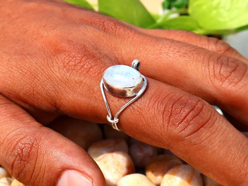 Handmade Rainbow Oval Moonstone Ring, Handmade Sterling Silver Ring Size ONE SIZE - 9 Thumbnail