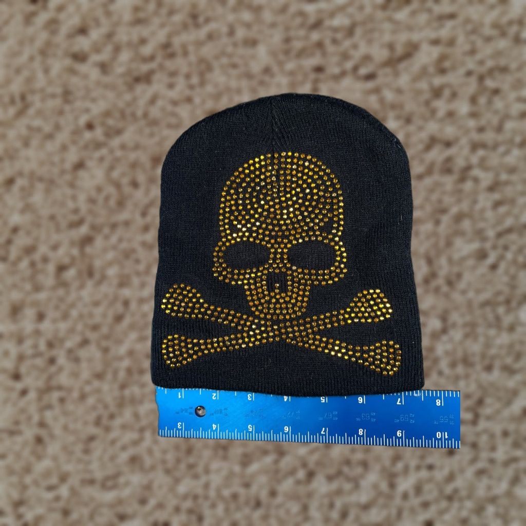 Vintage Skull Beanie Toque Women One Size Black Gold Knit Embellished Rhinestone Studded Womens Size ONE SIZE - 1 Thumbnail