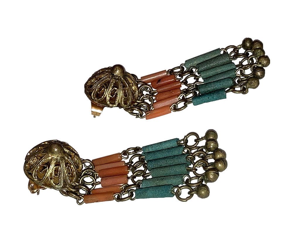 Designer Egyptian Revival Red Coral Brass Faience Earrings Size ONE SIZE - 3 Thumbnail