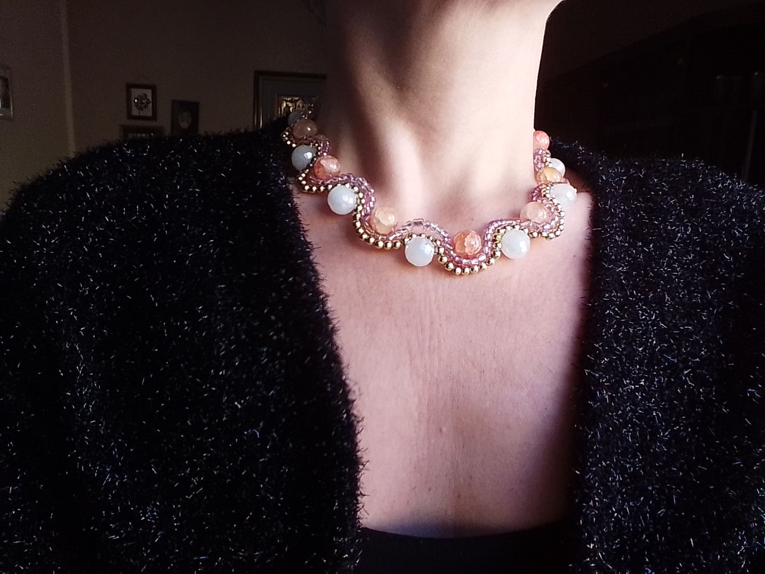 Handmade Necklace Wavy Agate Stone Pearls. Pink/Golden Glass Size ONE SIZE - 3 Thumbnail