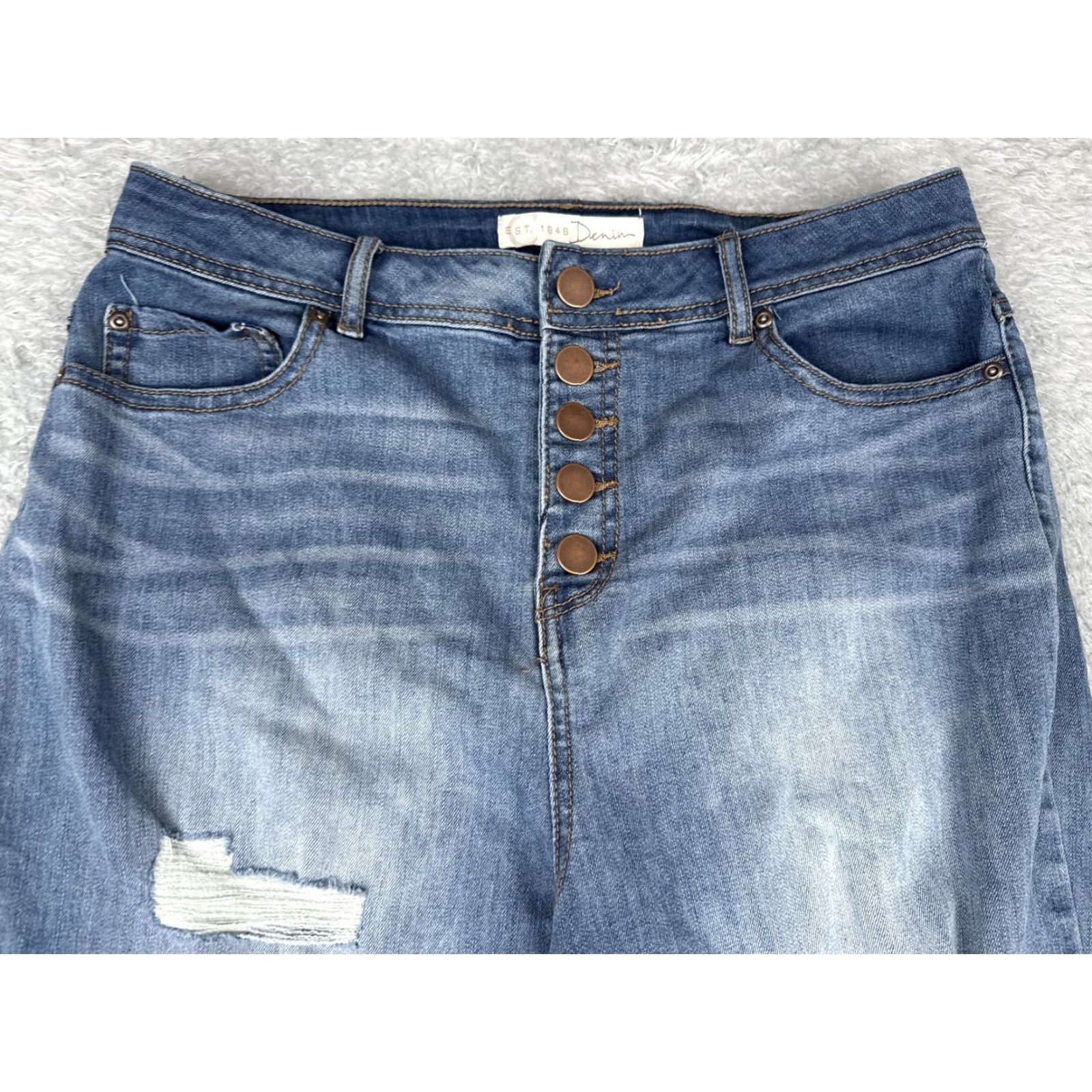 Denime C EST. 1946 Jeans Women 12 Blue Distressed Button Fly Stretch Straight Leg Denim Jeans Size 34" / US 12 / IT 48 - 4 Thumbnail