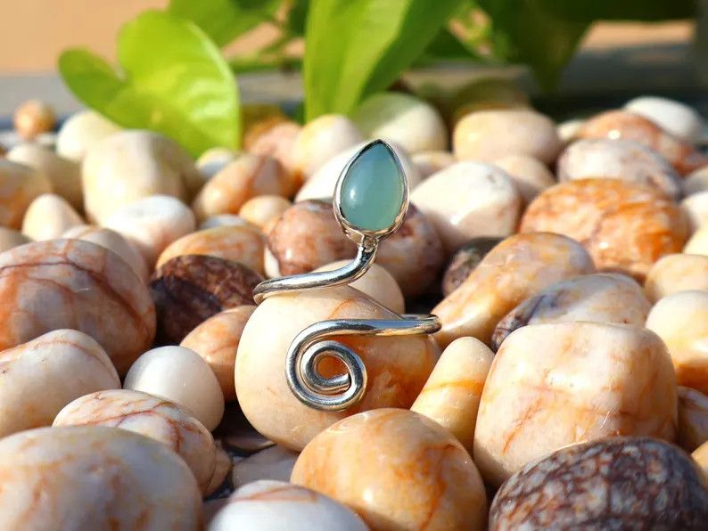 Handmade Chalcedony Ring, Handmade Pear Gemstone, March Birthstone Size ONE SIZE - 2 Thumbnail