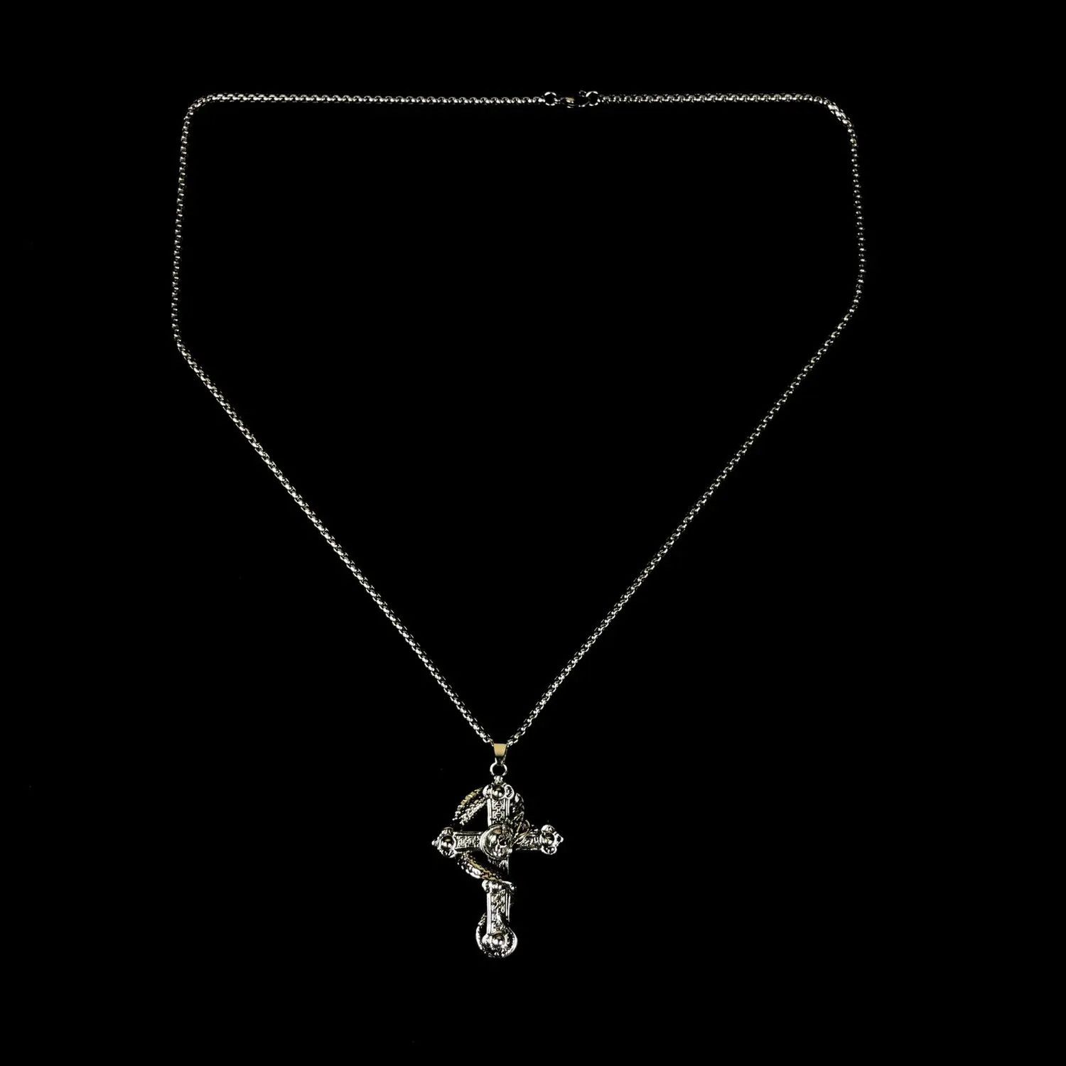 Jewelry Dragon Skull Cross Necklace Punk Chain Size ONE SIZE - 4 Thumbnail