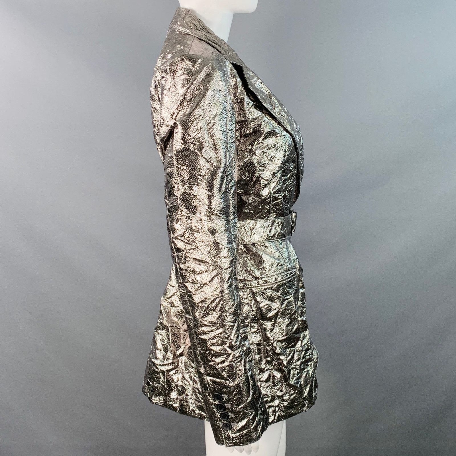 Sies Marjan Metallic Silver Polyester Blend Notch Lapel Belted Jacket Size M / US 6-8 / IT 42-44 - 3 Thumbnail