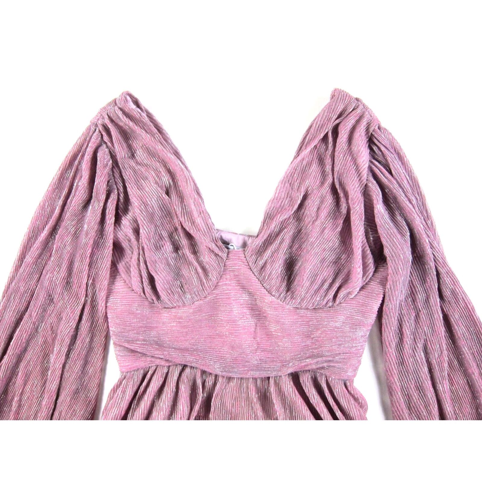 Alife AEL Amy Enjoy Life Pink Shimmery Sparkle Dress – Long Flare Sleeve V-Neck, Large, Women, Polyester, Short Length Size L / US 10 / IT 46 - 4 Thumbnail