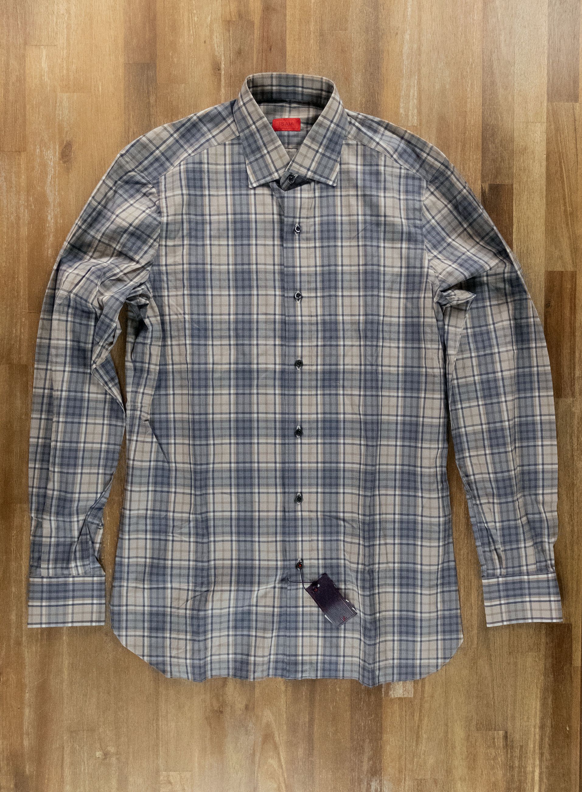 Isaia ISAIA Napoli gray beige plaid cotton dress shirt 40 / 15.75 Size US M / EU 48-50 / 2 - 1 Thumbnail