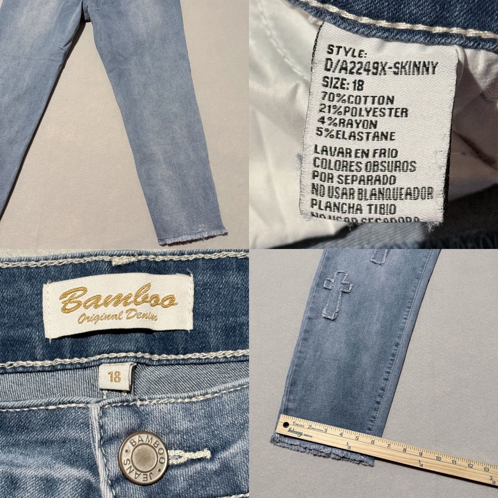 Vintage Bamboo Jeans Women's Blue Denim Stretch Frayed Hem Skinny 18 Cross Patch Heart Style - Jeans Size 40" / US 18 - 8 Thumbnail