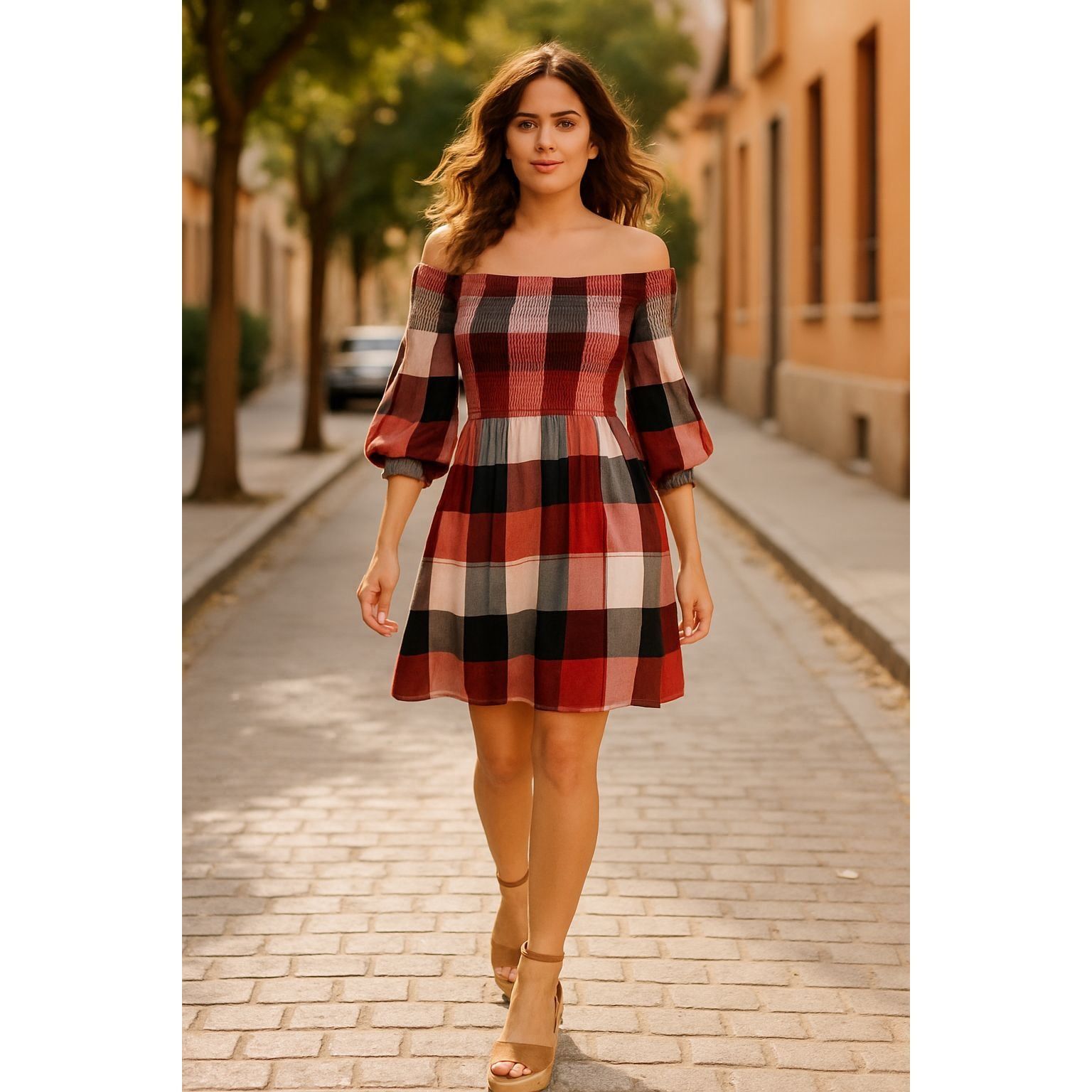 Other 205 Collins Red Plaid Smocked Off Shoulder Flare Mini Dress Size S / US 4 / IT 40 - 8 Thumbnail
