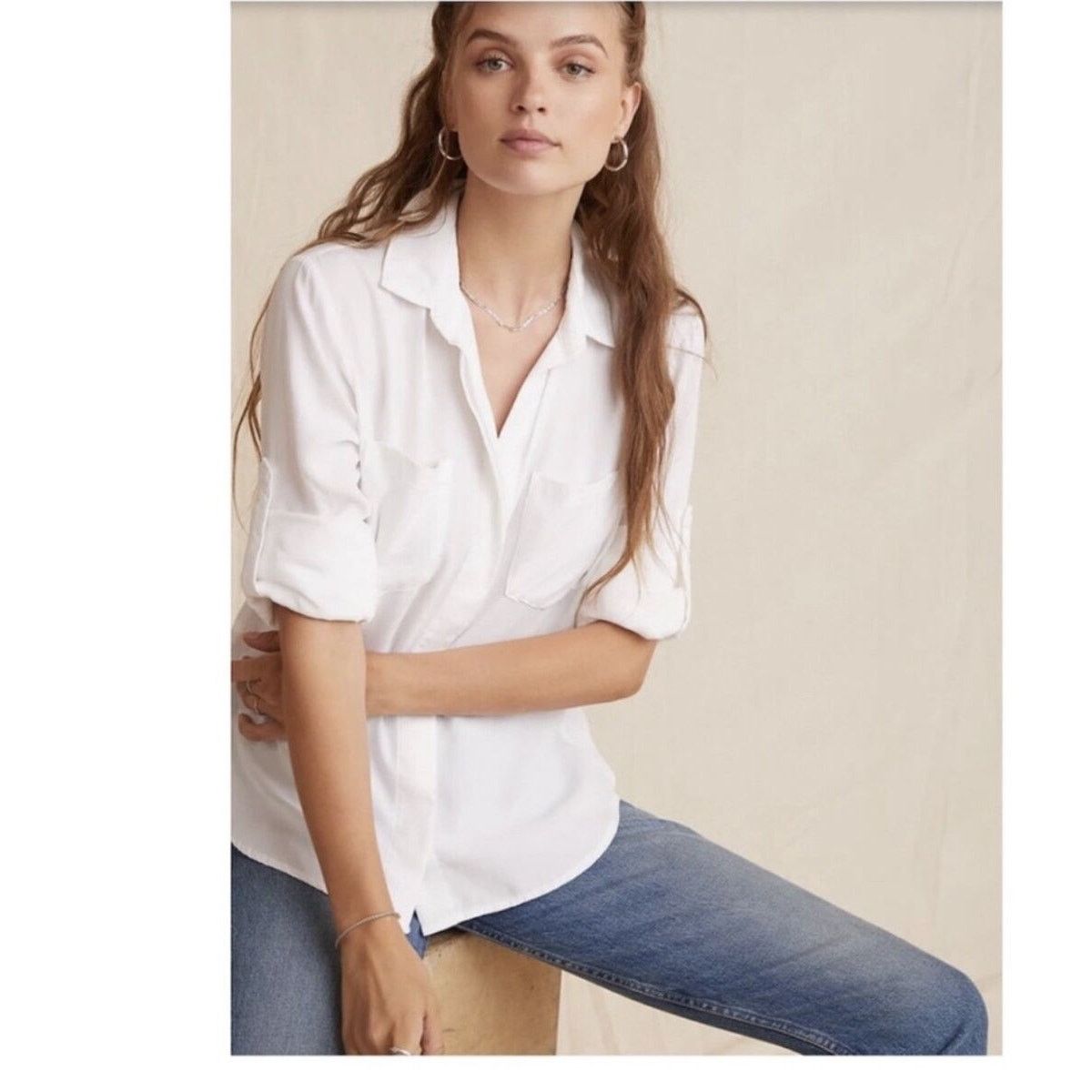 Anthropologie Cloth & Stone Lyocell Split Back Button Down Shirt White S Size S / US 4 / IT 40 - 8 Thumbnail