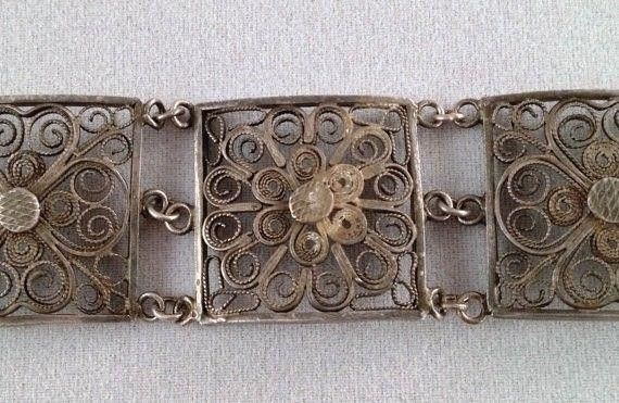 Designer Art Deco Chinese Sterling Silver Square Filigree Bracelet Size ONE SIZE - 2 Thumbnail