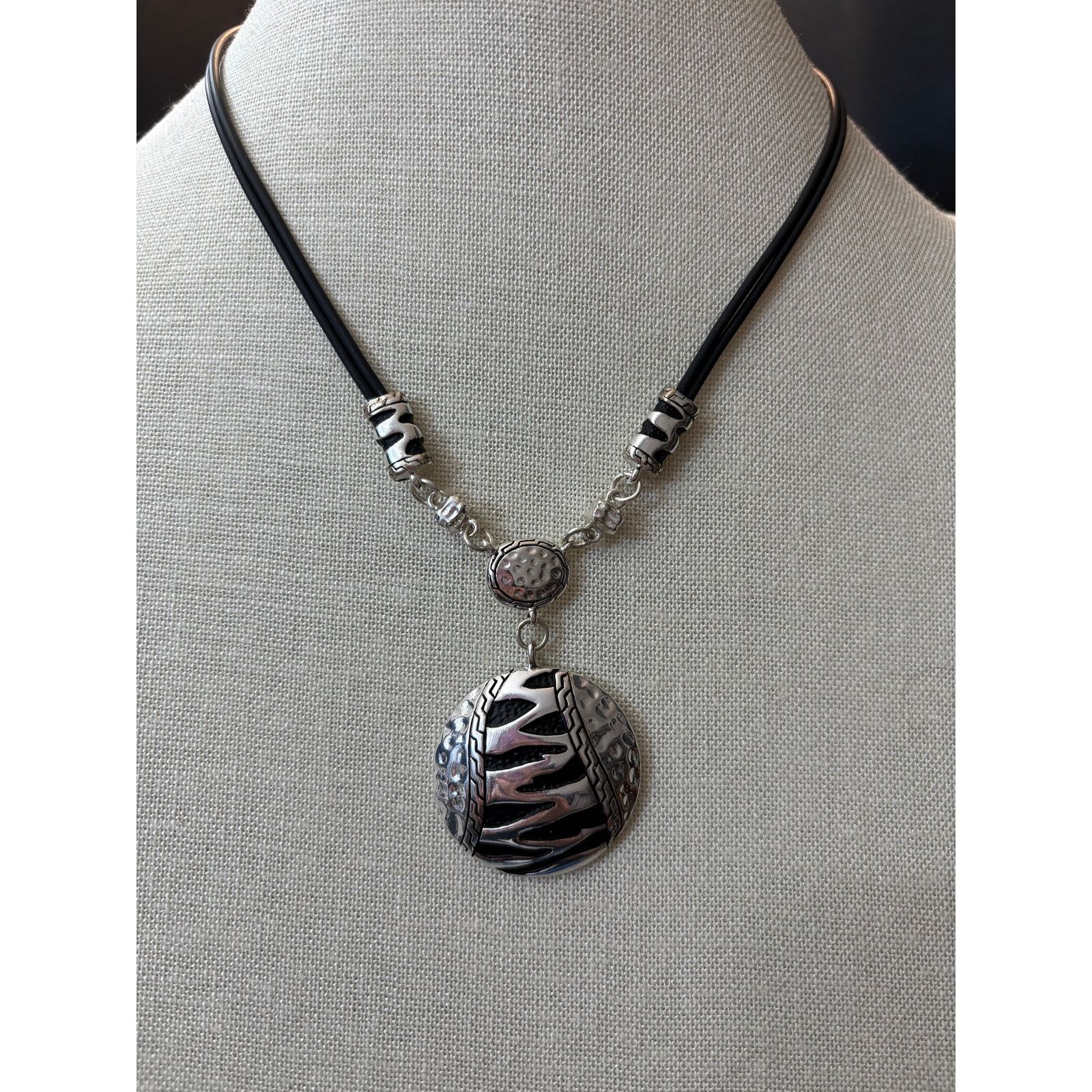 Other Chico’s Black Cord Necklace Silver Zebra Enamel Disc Pendant Size ONE SIZE - 1 Thumbnail