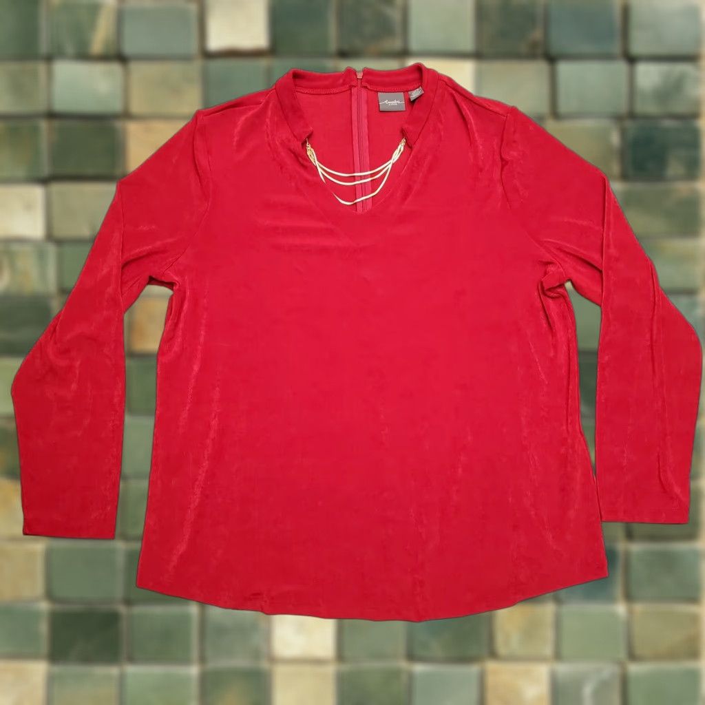 Vintage Chicos Top Womens Size 3 Red Trevelers Stretch Blend Gold Chain Casual Blouse Knit V-Neck Long Sleeve Easy Care Machine Washable Size XS / US 0-2 / IT 36-38 - 1 Thumbnail