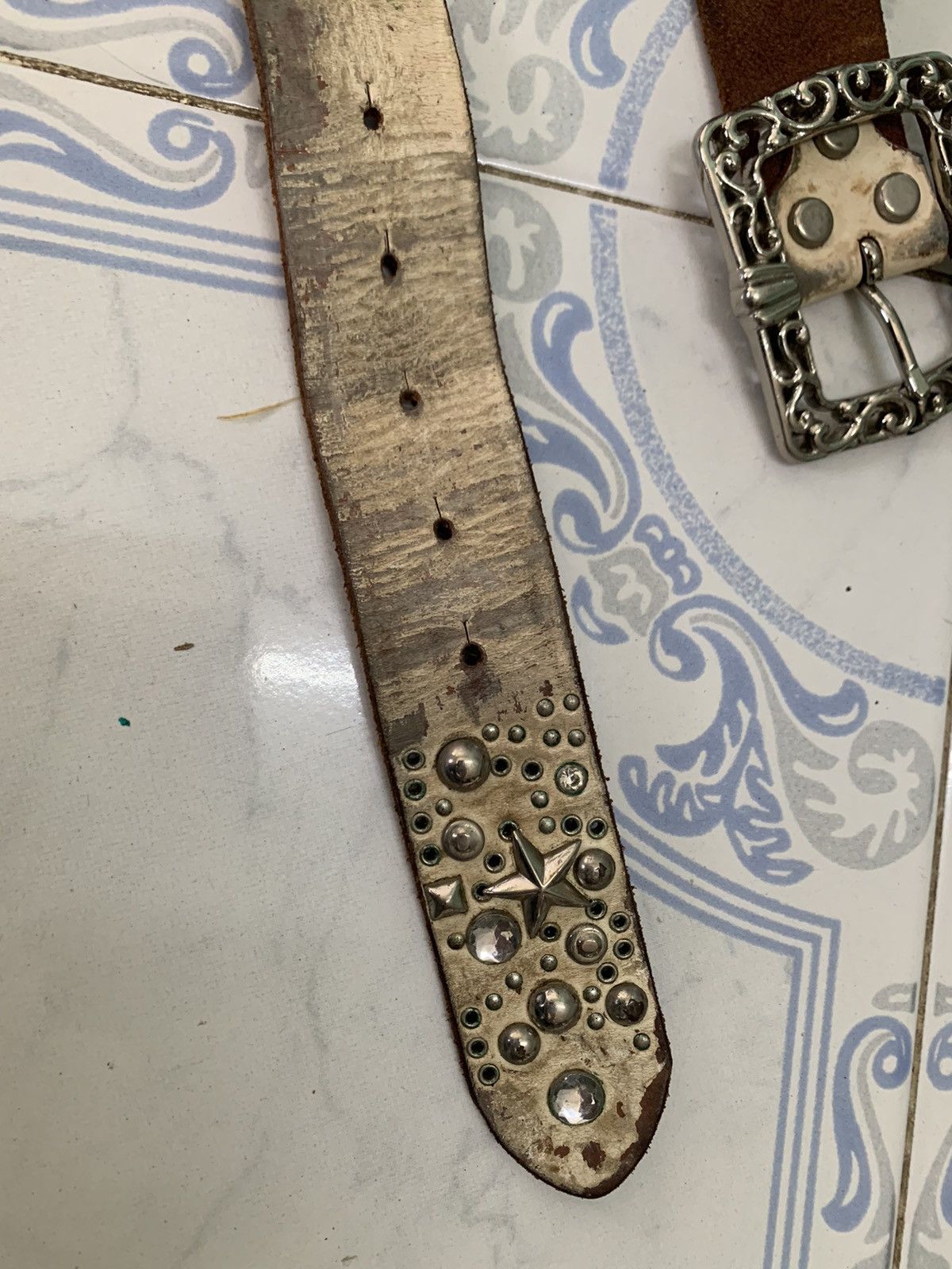 If Six Was Nine Vtg Rare Leather Belt Star Dagger Like Chrome Hearts Design Size ONE SIZE - 10 Thumbnail