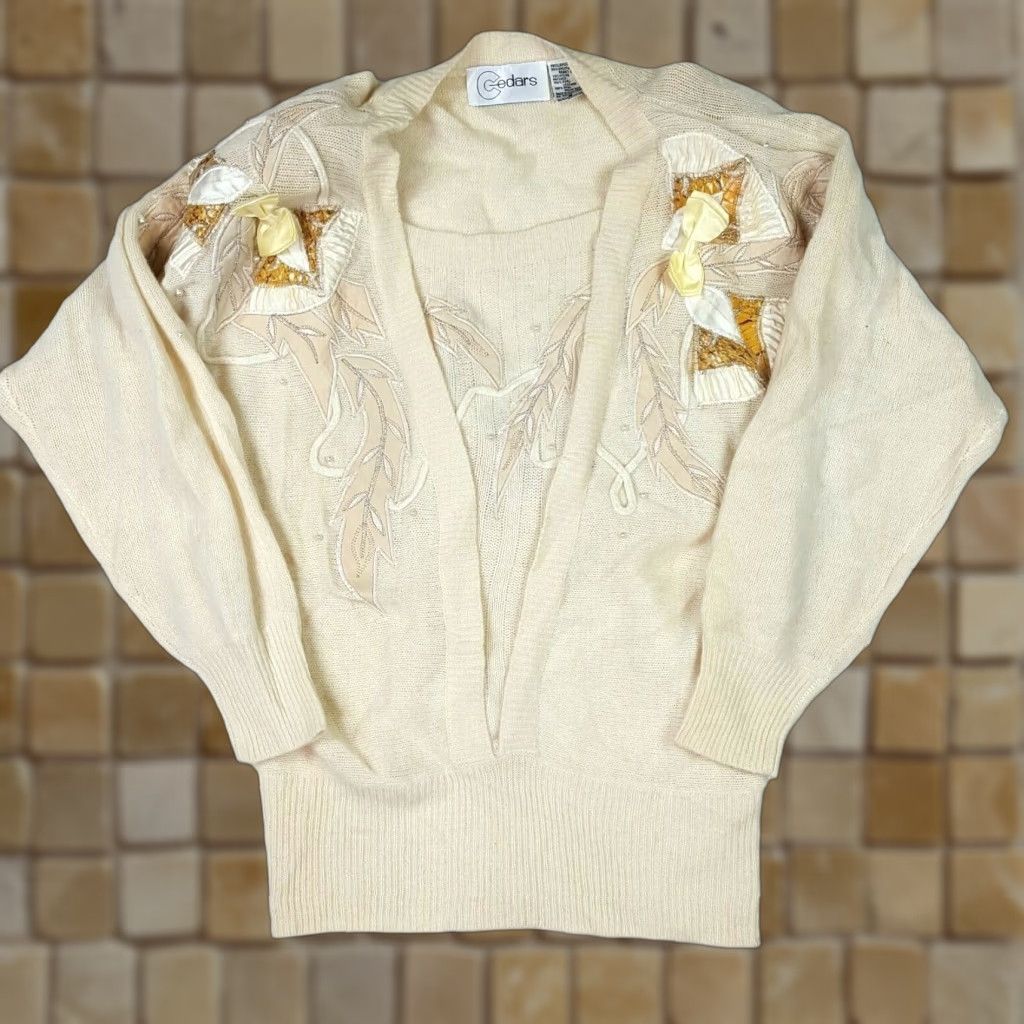 Skin VINTAGE Cedars Cardigan Shirt Women S Knit Wool Angora Snake Skin Leather Cream White 80s Size S / US 4 / IT 40 - 1 Thumbnail