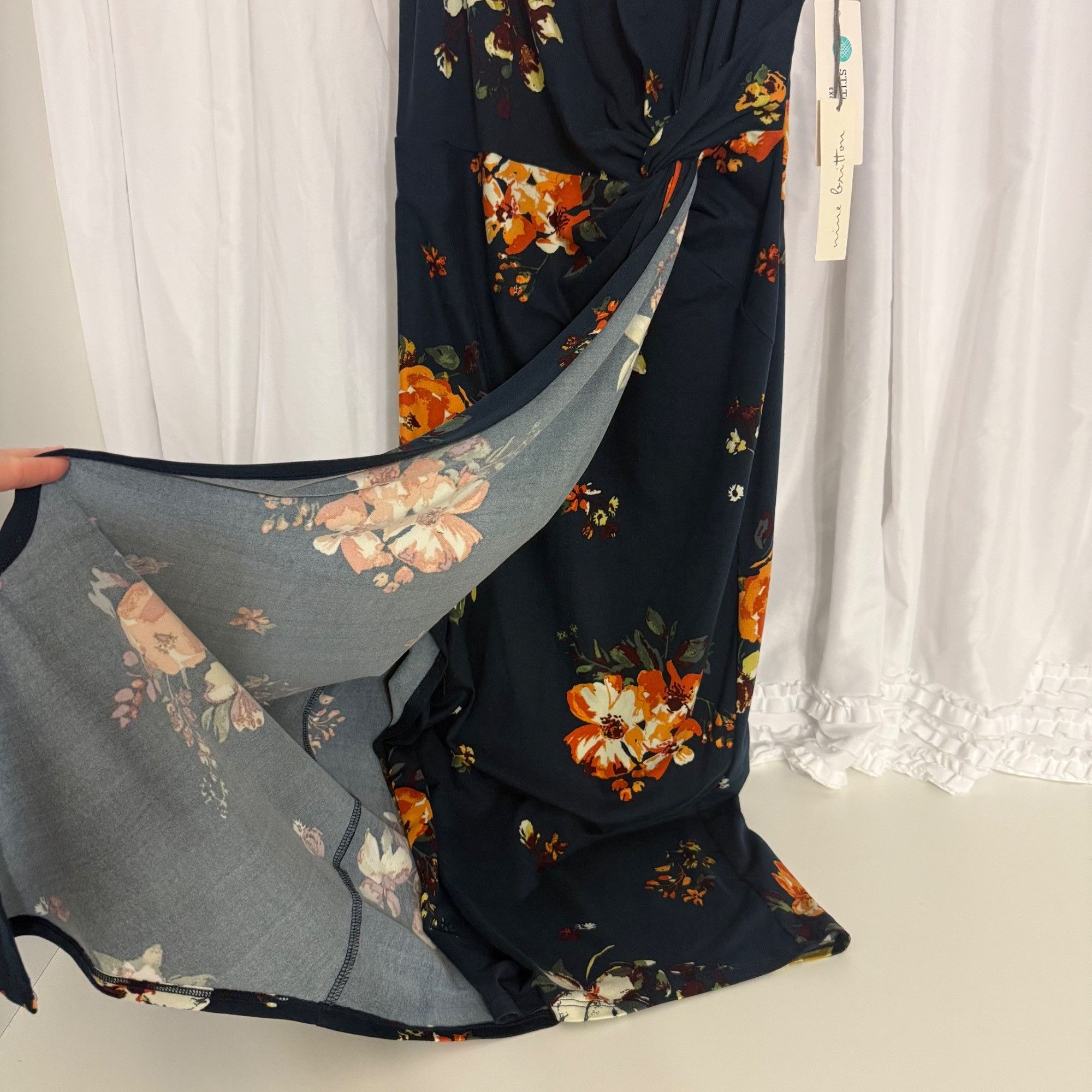 Other Nine Britton Vivienne Floral Navy Midi Dress Knot Detail Adj Size S / US 4 / IT 40 - 7 Thumbnail