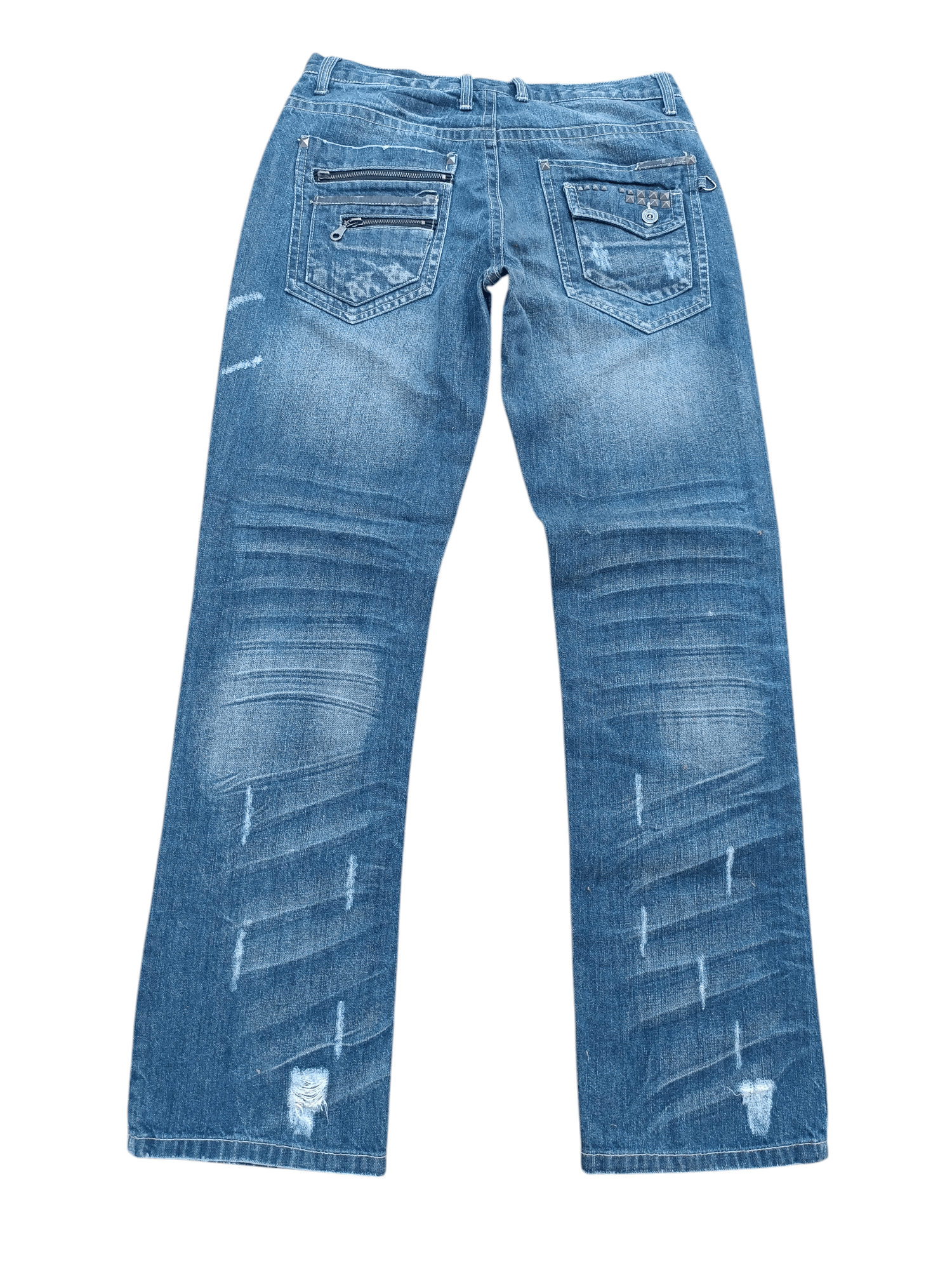 Japanese Brand NYLAUS JEANS DISTRESSED WHISKERS FADED STUD DENIM Size US 31 - 17 Thumbnail