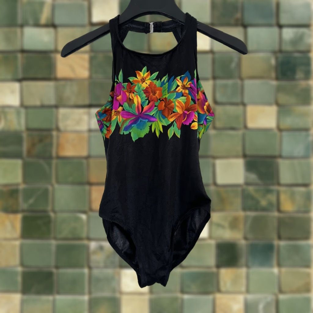 Vintage VINTAGE 90s One Piece Swimsuit Women’s 10 Medium S2S Floral High Neck Black Two Piece Set Size ONE SIZE - 1 Thumbnail