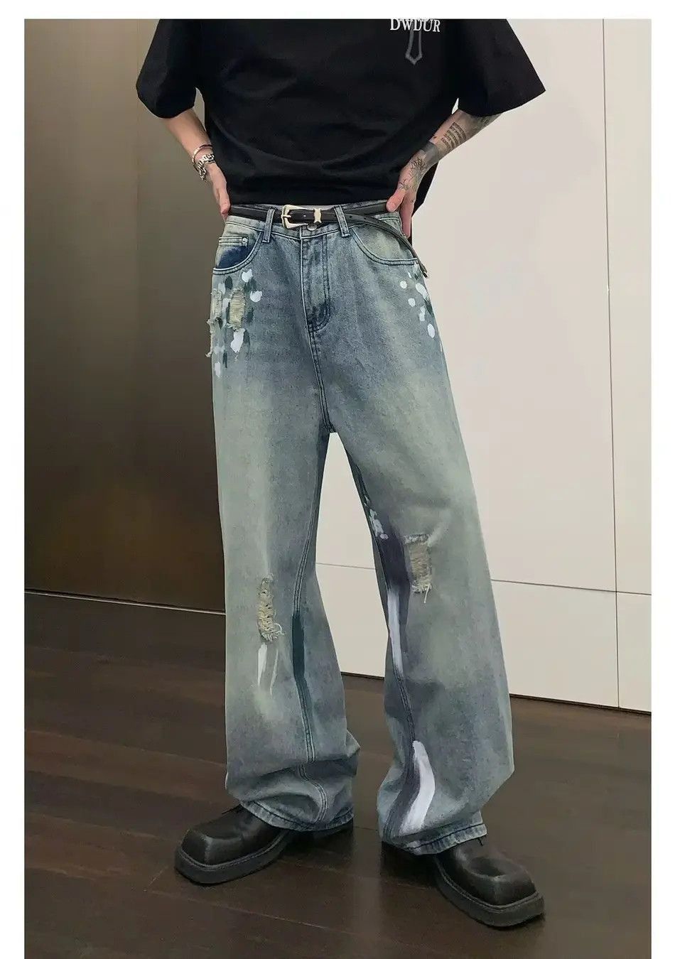 Japanese Brand Wide leg straight leg ripped jeans Size US 32 / EU 48 - 5 Thumbnail