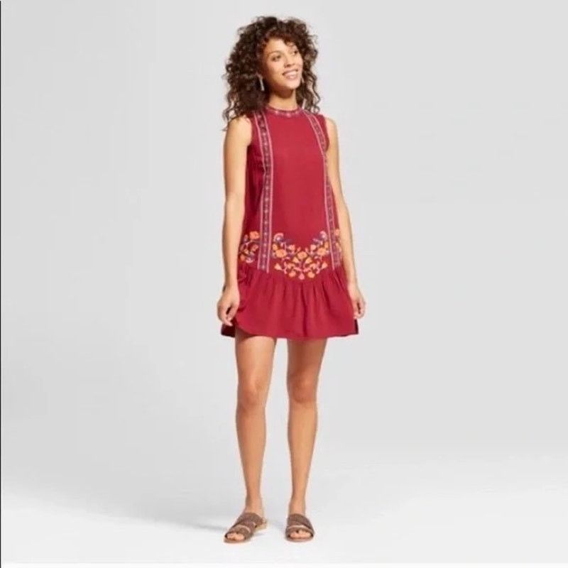 Target Basics XHILARATION | Embroidered Floral Maroon Drop Hem Dress Size S / US 4 / IT 40 - 11 Thumbnail